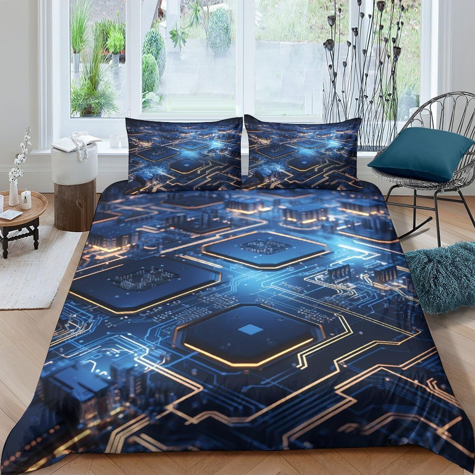 Ctjqhvkz Style-1 3D Printed Circuit Board Fitted Sheet Microfiber Blue Geometric Mattress Cover For Bedroom Dorm Decor Single（135X200cm）