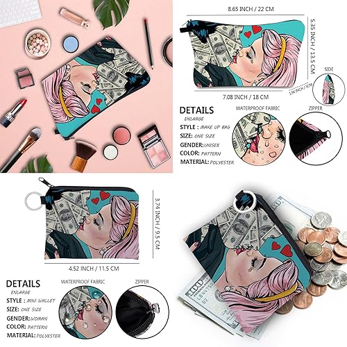 Miniatura 3 de Pequeña bolsa de maquillaje para mujer, bolsa de cosméticos con monederos, patrón de dinosaurio, juego de 2 bolsas de viaje, organizador de cepillos