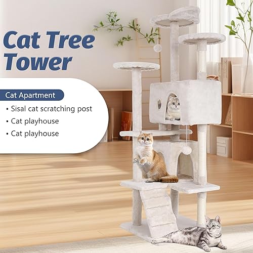 Vista 84 de BestPet Torre de árbol para gatos de 54 pulgadas Beige Resistente y fácil de montar, centro de actividades de varios niveles con postes