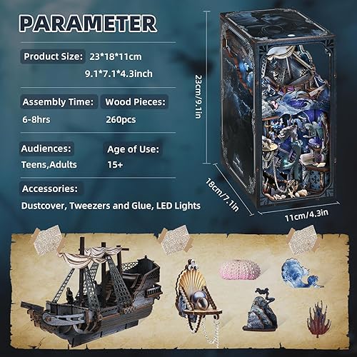 Miniatura 9 de Kit de rincón de libros en miniatura, rompecabezas de madera 3D con luz LED para decoración de estantería (más allá de la biblioteca)