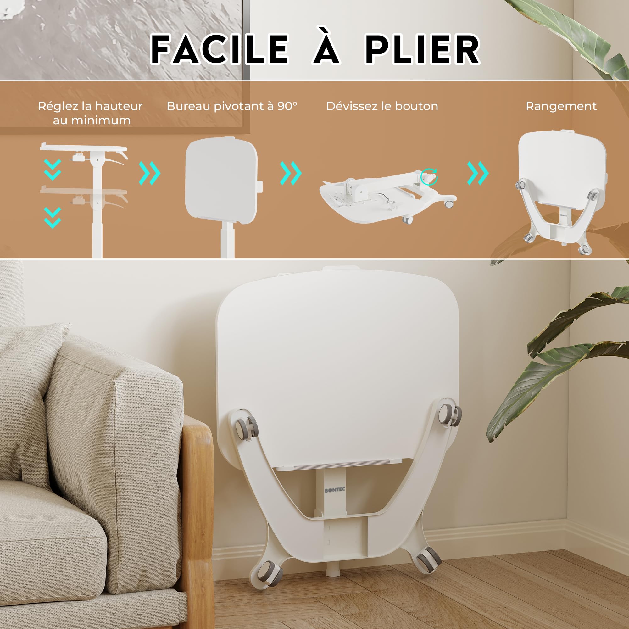 BONTEC Bureau d'Ordinateur Pliable, 65×50 cm, Réglable en Hauteur de 75,5 à 111 cm, avec 4 roulettes Verrouillables, Table d'O appoint Pliante pour Lit, Canapé, Salon, Chambre, Table PC Portable