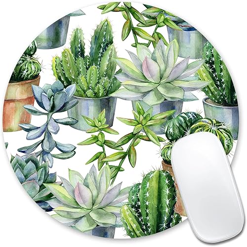 Mouse Pad Watercolor Pattern with Cactus and Succulents in Pots Non-Slip Round Mousepad