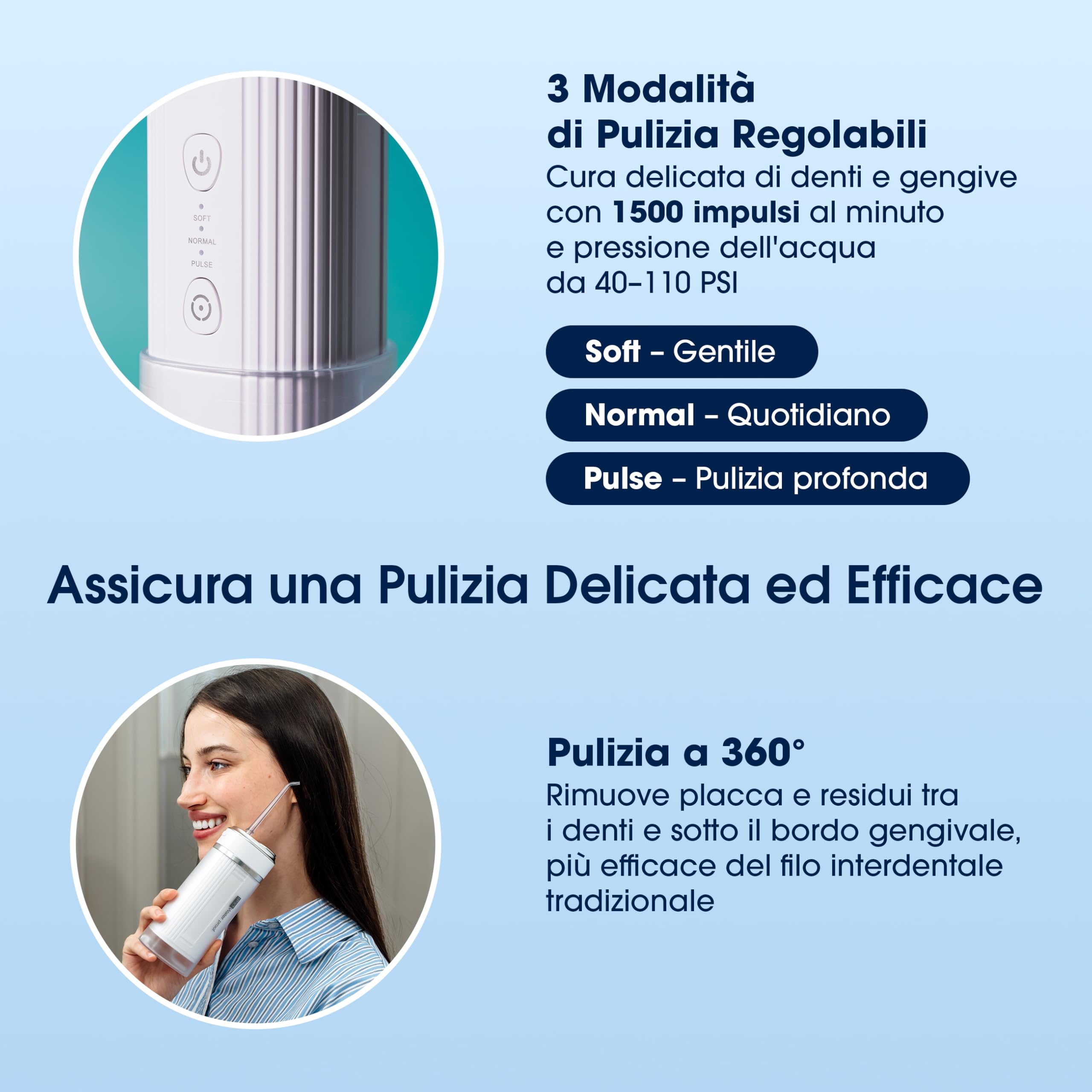 ZENT Idropulsore dentale portatile, Irrigatore orale da viaggio, Tecnologia rotante avanzata 360°, 3 testine speciali, Pressione regolabile, Rimozione della placca, Dimensioni compatte, Nero