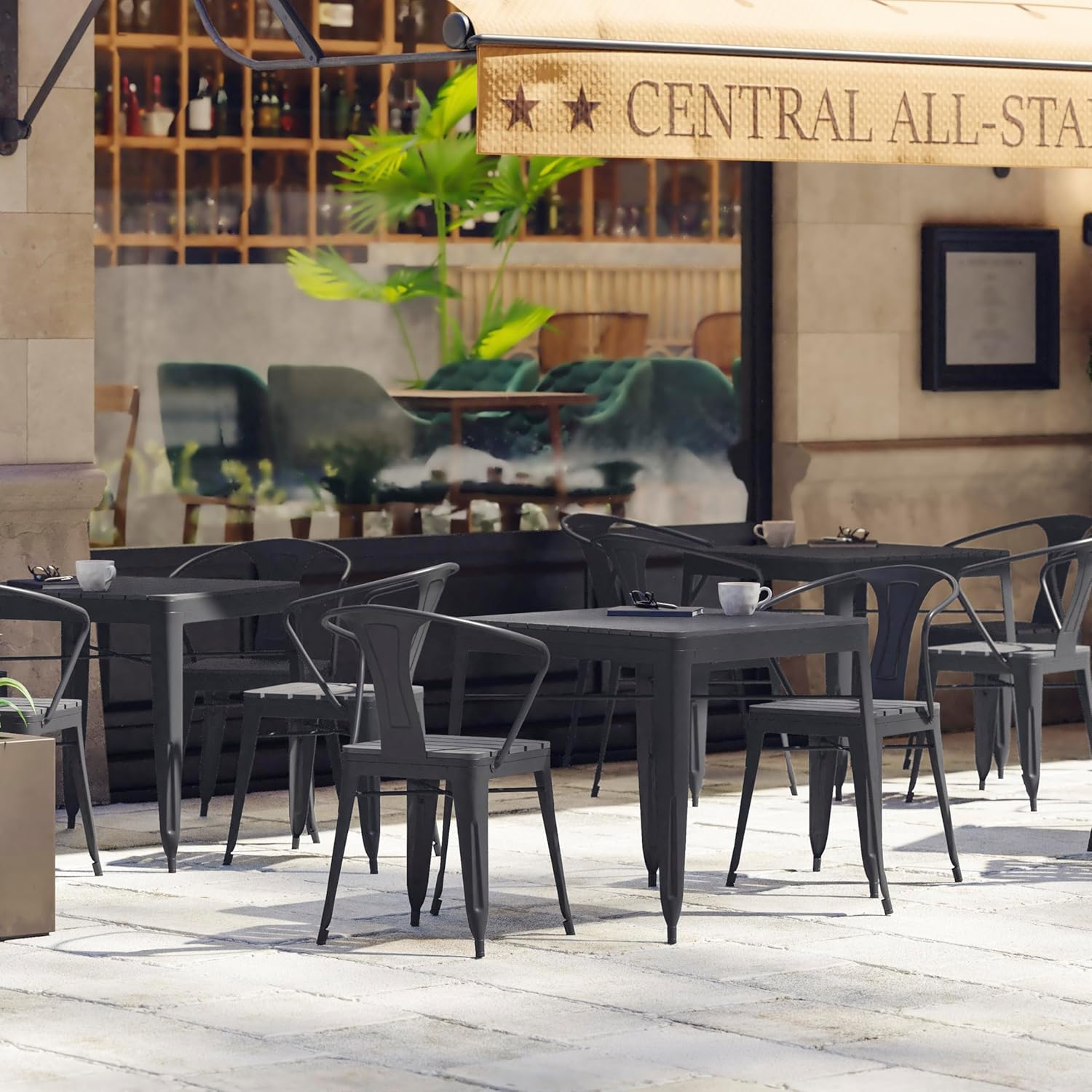 Flash Furniture Helvey Commercial Indoor/Outdoor Patio Dining Table - Black Poly Resin Slatted Top - Black Steel Frame - 31.5" Square - Seating for 4