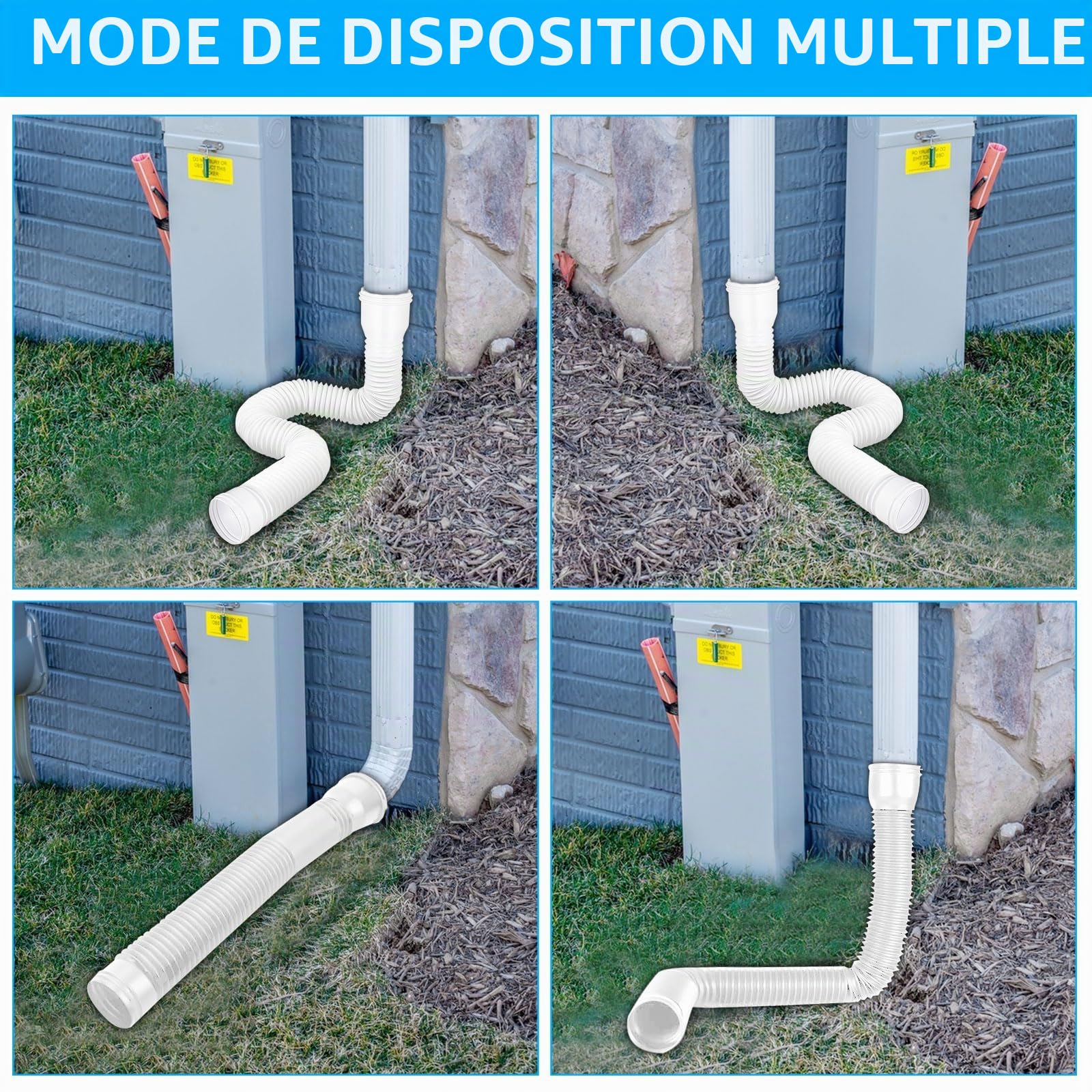 Lot de 2 rallonges flexibles de gouttière, rallonge ronde pour tuyau de descente 80/100 mm, extension de gouttière, extension de 47 à 150 cm, pour gazon/avant-toit (blanc)