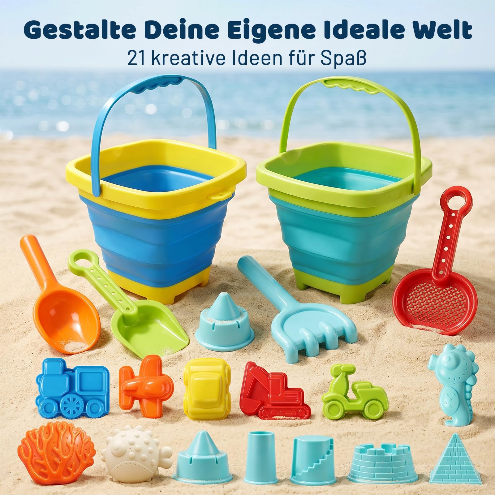 21 in 1 Sandspielzeug, Strandspielzeug Kinder Sandkasten Spielzeug mit Faltbarer Eimer, Innovative Handtaschen, Sandschaufel, Sandformen, Tragbar und platzsparend für Jungen Mädchen Kinder