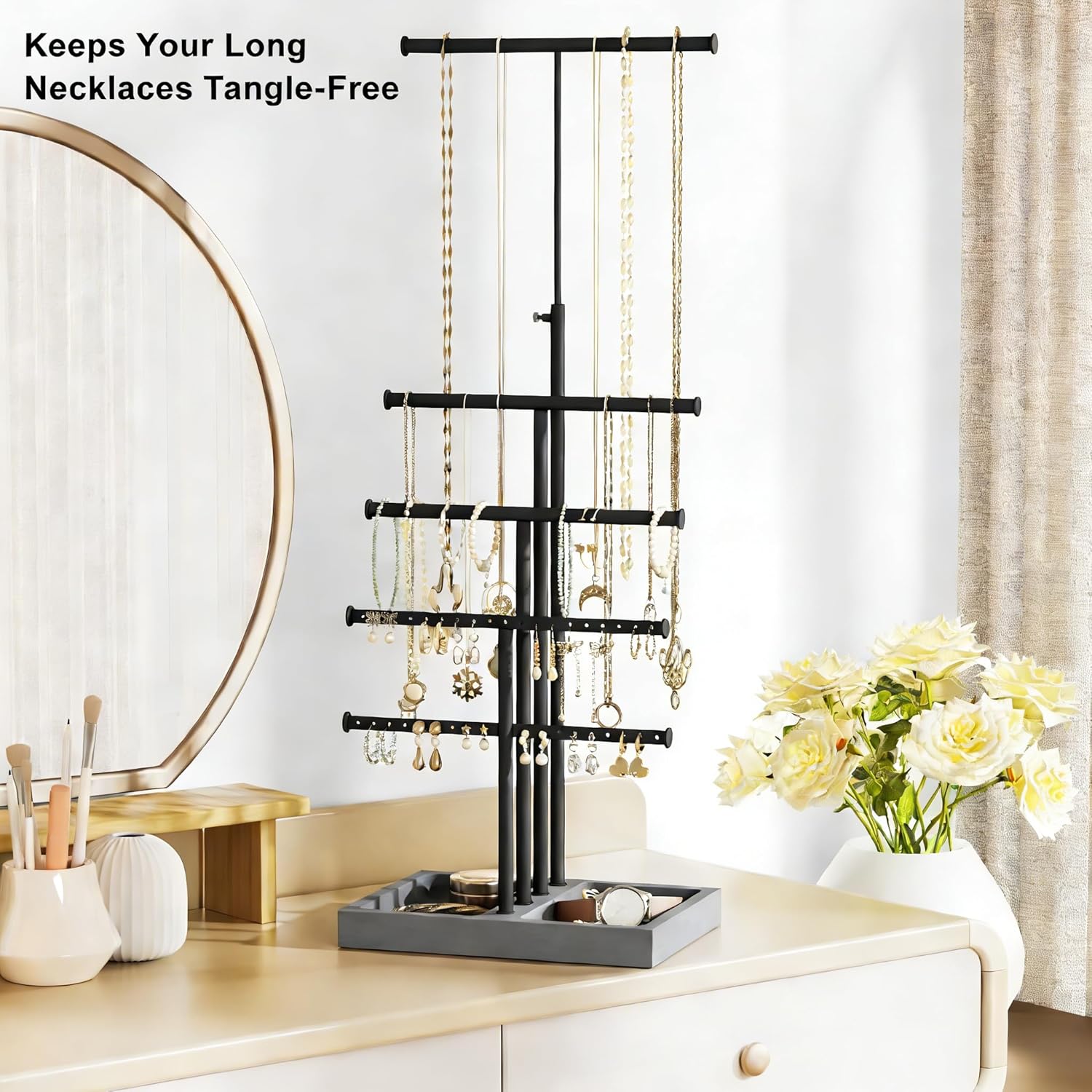 Love-KANKEI Jewelry Organizer Stand, 5 Tier Large Necklace Holder with Wood Base, Jewelry holder stand Tree for Display, Bracelets Earrings Rings, Height Adjustable Gift Weathered Grey - Image 2