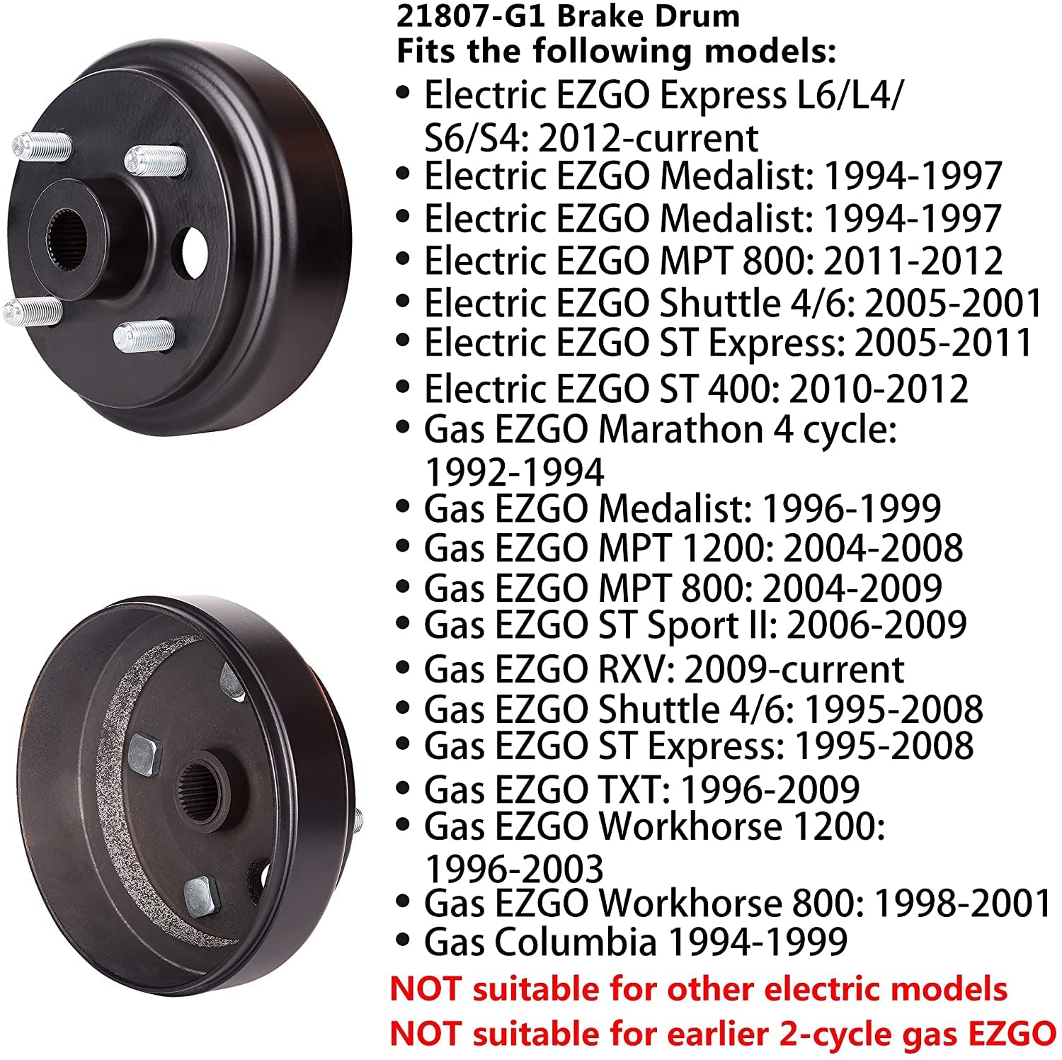10L0L Conjunto de tambor de cubo de freno estriado fino con agujero grande para carrito de golf EZGO TXT, RXV, Marathon, Medalist, Columbia, OEM 21807G1,41843-94 (2 paquetes)