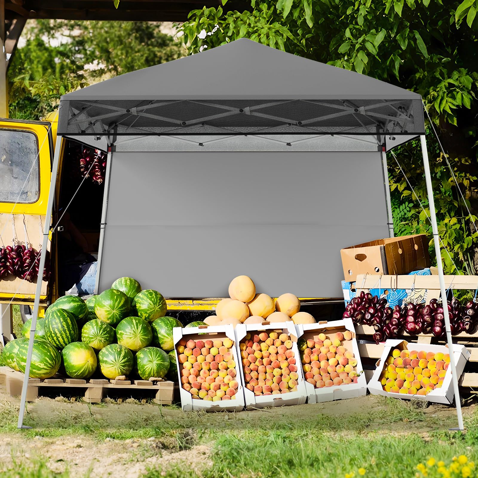 COSTWAY Pawilon składany typu pop-up, 2 x 2 m, z regulacją wysokości, ze ścianą boczną i hakami podłogowymi, wodoszczelny i chroniący przed słońcem, namiot imprezowy z torbą, pawilon ogrodowy do