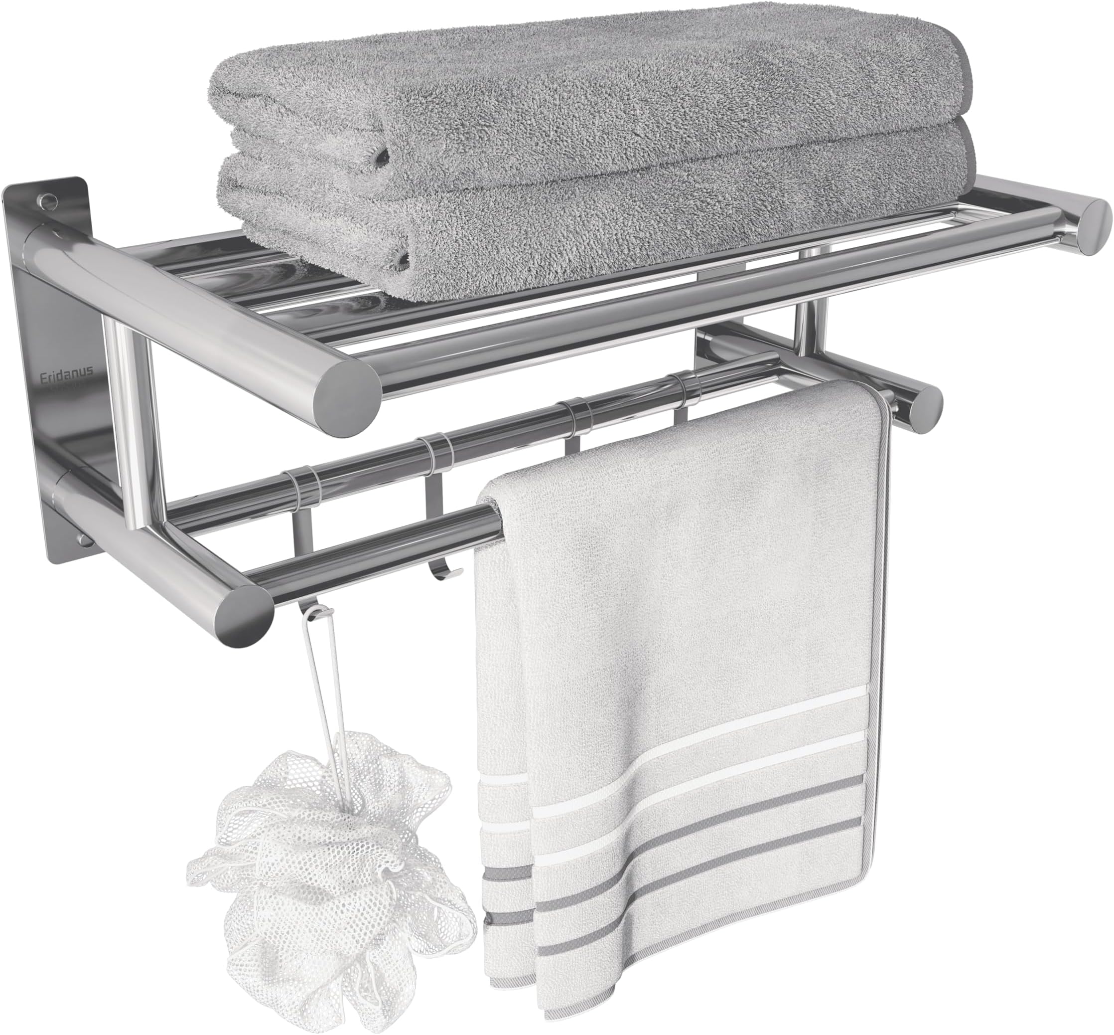 Eridanus Bathroom Towel Rail with Shelf, 40cm Wall Mounted Chrome Towel Rack with 4 Sliding Hooks, Double Layer Stainless Steel Towel Shelf, Hotel Style Shower Organiser