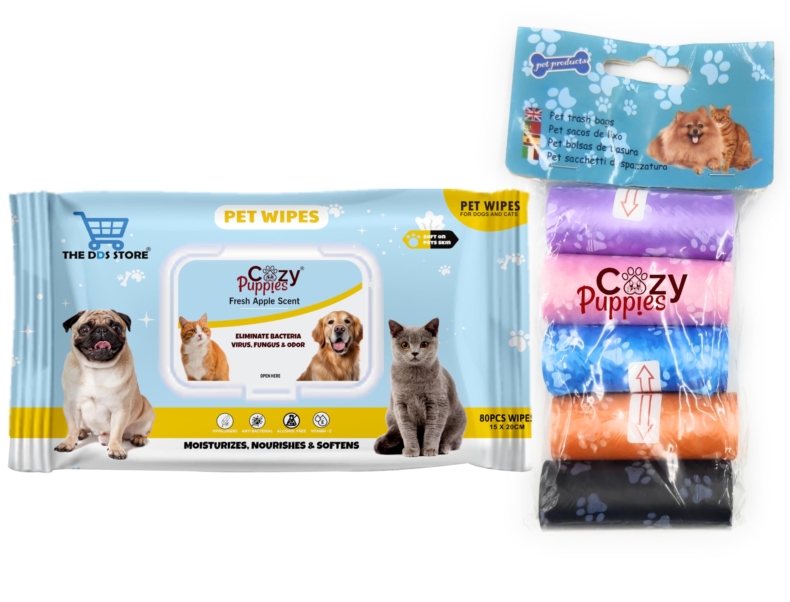 The DDS Store 100% Biodegradable Fabric Apple Scent Wet Wipes for Dogs & Cats + 5 Roll Dog Poop Bags Extra Thick and Strong Leak Proof Poop Bags for Dogs (Color May Vary)