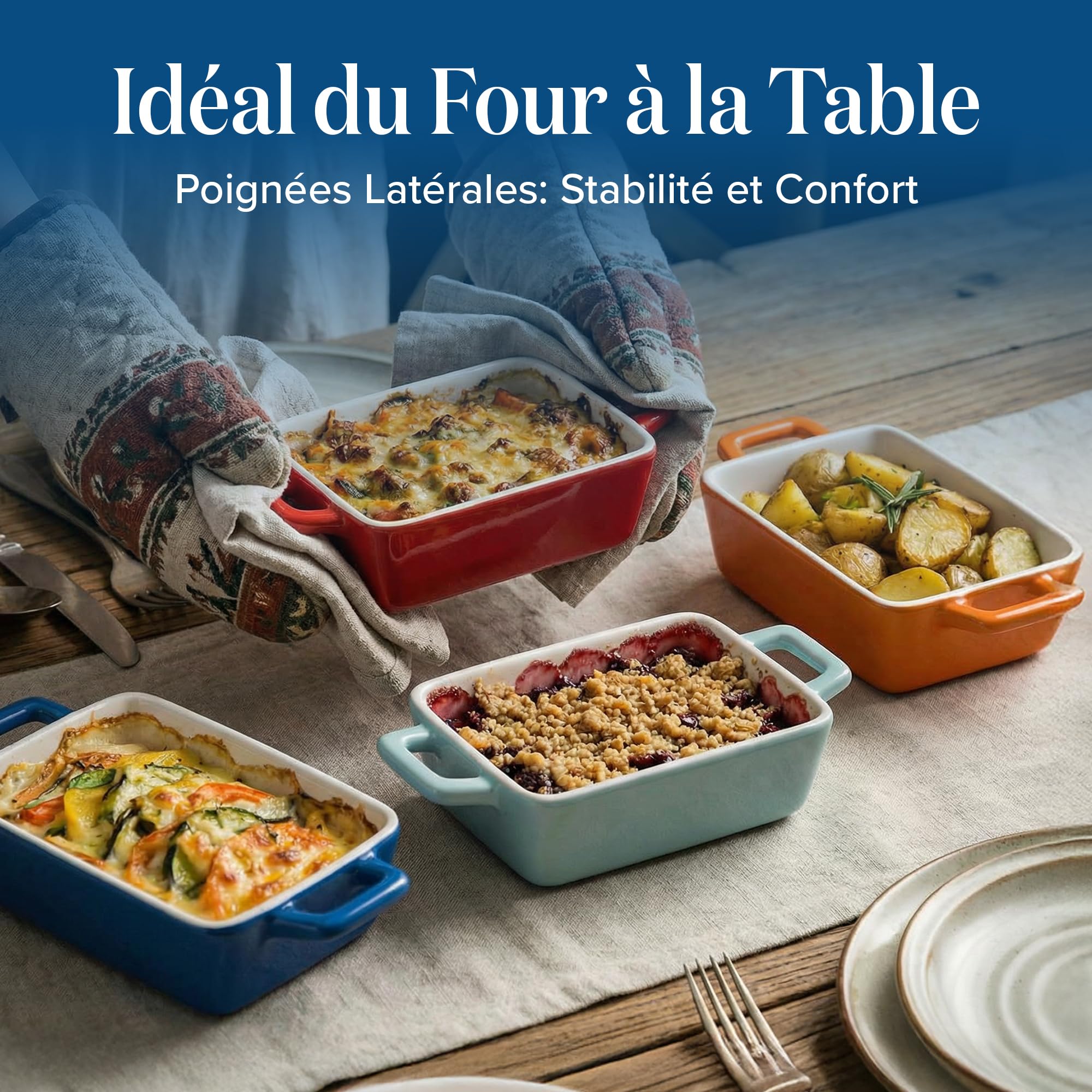 Joeji’s Kitchen Lot de 4 Plat à Gratin Individuel en Céramique – Petit Plat Four Durable pour Lasagnes, Hachis & Crumbles – Mini Cocotte Individuelle Rectangulaire (325 ml)