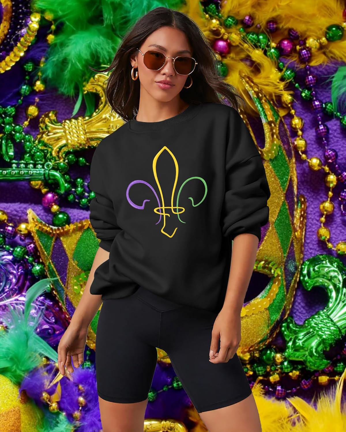 PECHAR Mardi Gras Outfit for Women: Mardi Gras Embroidery Sweatshirt New Orleans Party Carnival Long Sleeve Tees Tops - Image 3