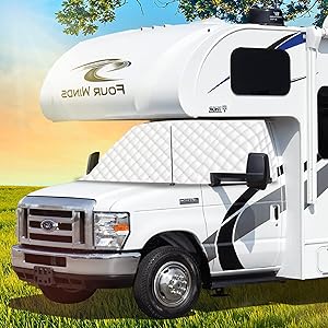 LATCH.IT RV Windshield Cover for Ford Class C E450 1997-2026 | Windshield Cover for RV Class C NOT for Transit Vans | RV Front Window Cover with Mirror Cutout & Corner Bands | Add Privacy & Protection