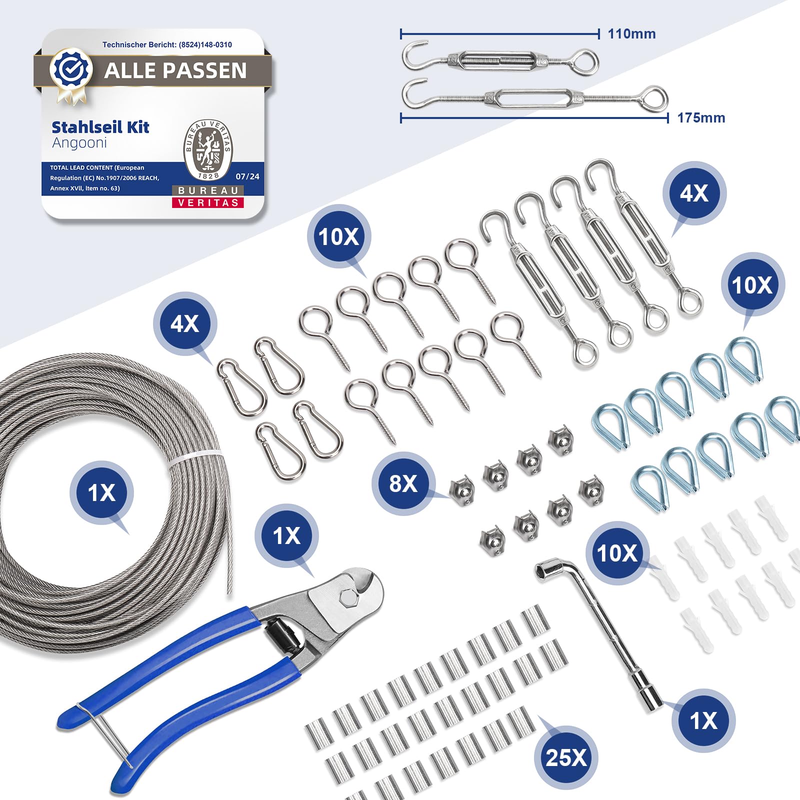 Angooni Set di 74 corde in acciaio inox, 35 m, 3 mm, per piante rampicanti, tende, recinzioni