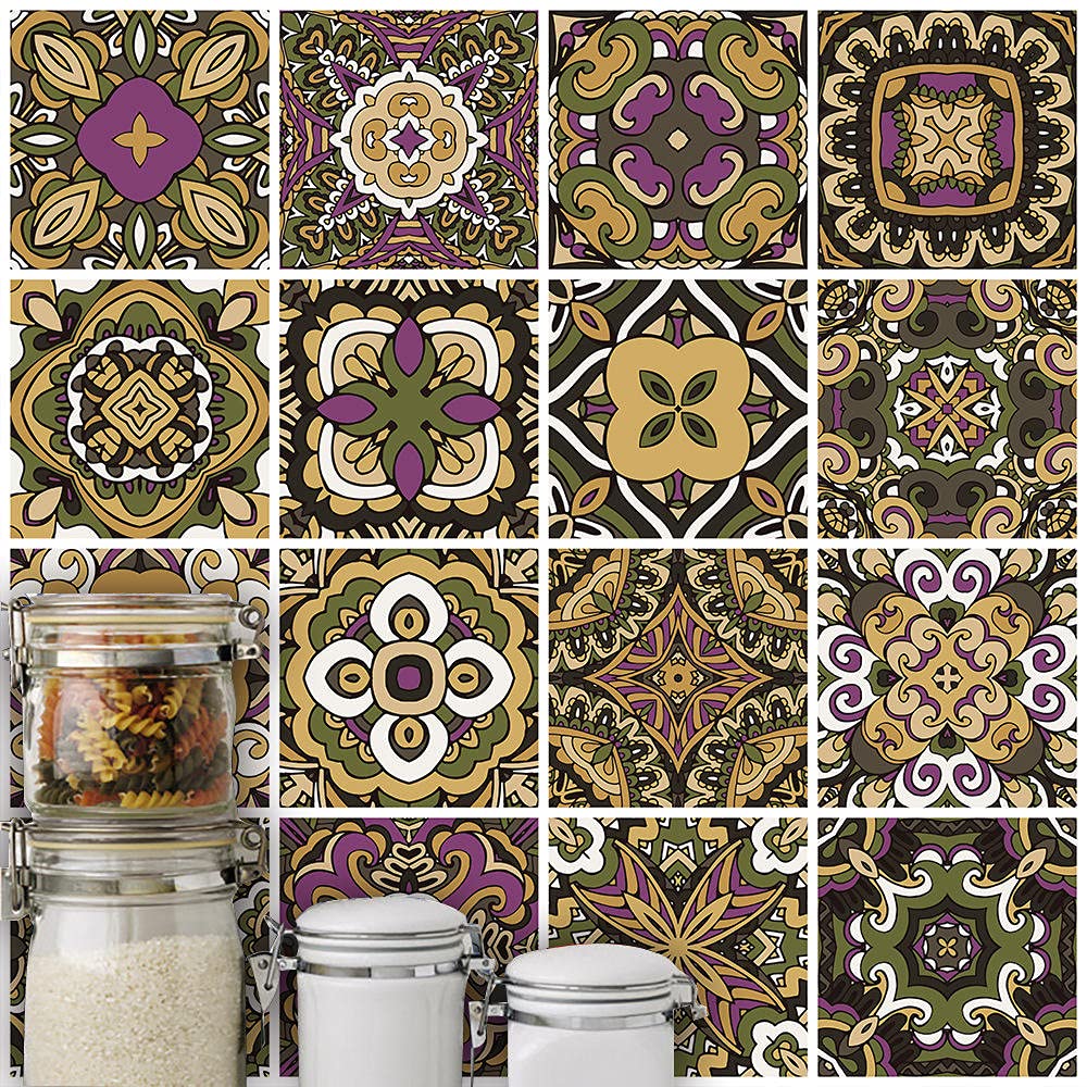 Pegatinas de azulejos amarillas impermeables pegatinas de pared autoadhesivas autoadhesivas retro cuadrados para decoración de muebles de cocina, baño, 30 cm x 30 cm x 16 piezas