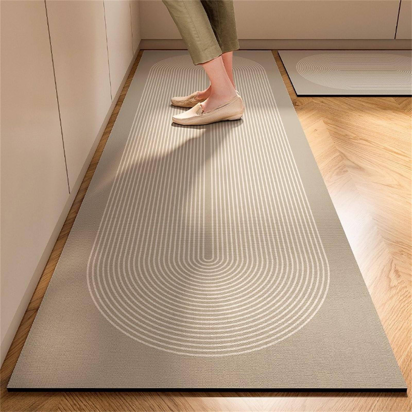 Highdi Kitchen Rug, Beige Lines Kitchen Mat Door Mat Kitchen Mats non Slip Washable, Water Absorbent Quick Drying Kitchen Rugs for Entryway, Laundry Room, Hallways (Brown,50x80cm)