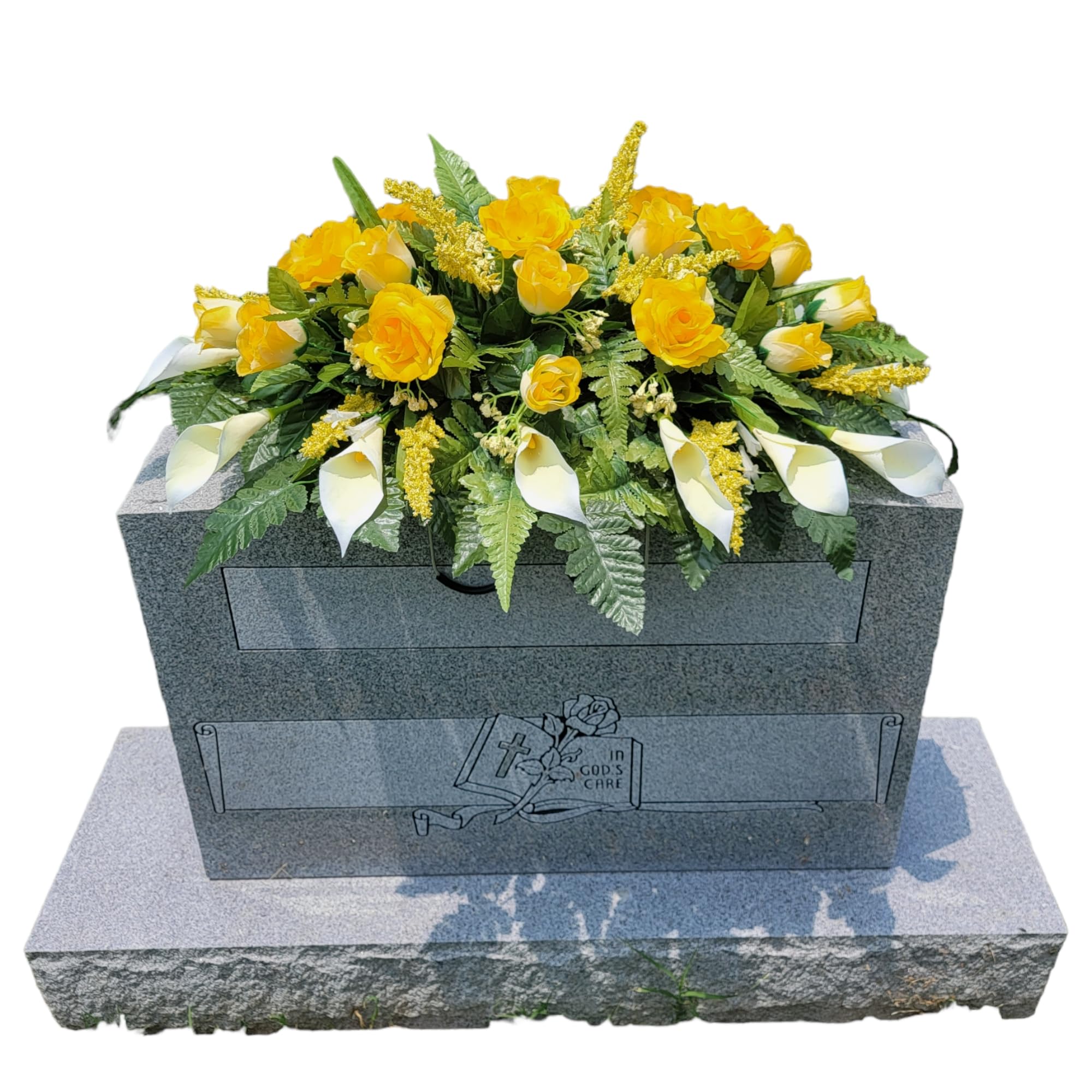 Cemetery Saddles for Headstones - Realistic Silk Faux Floral Artificial Grave Flowers for cemetery - Yellow Roses and Calla Lilies