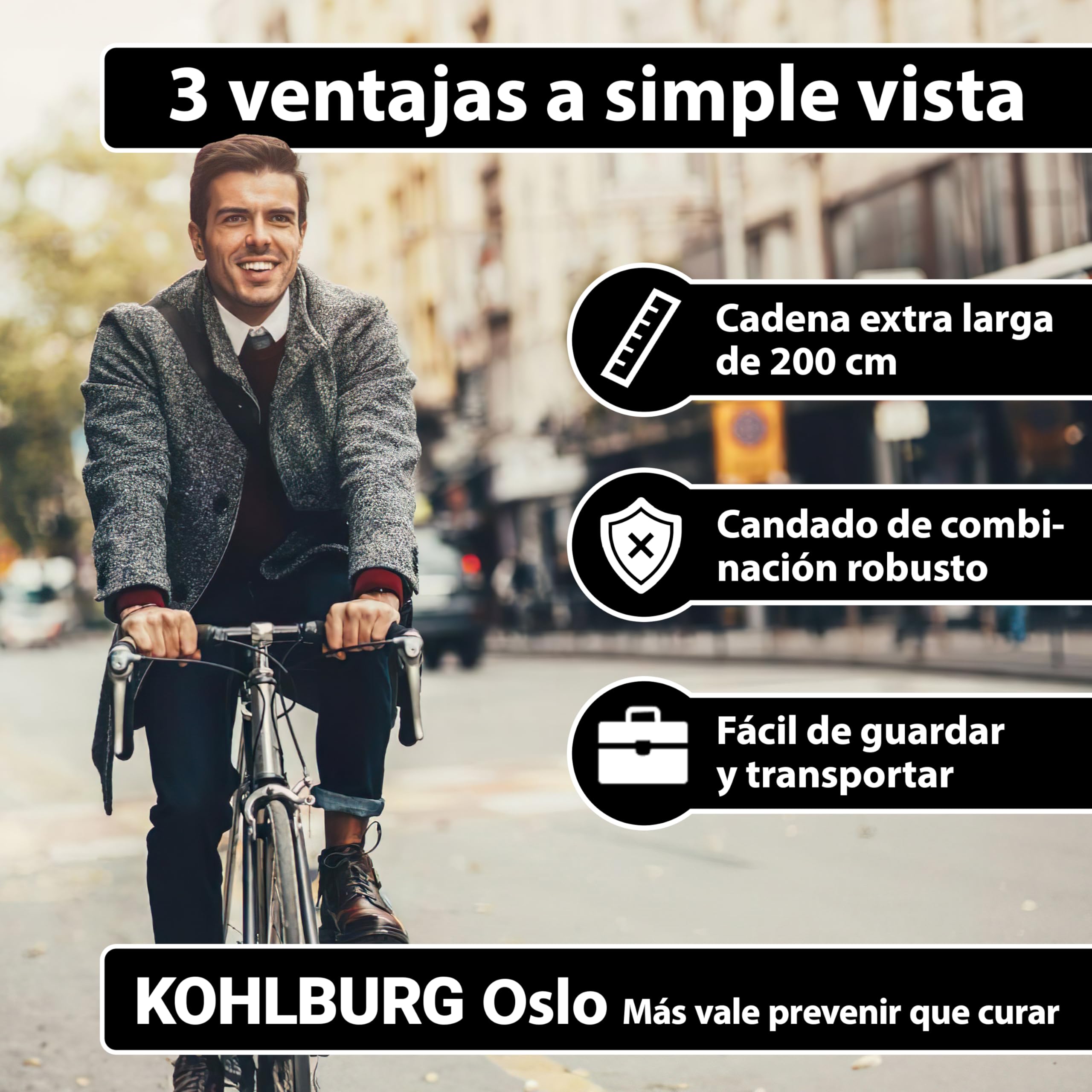 KOHLBURG Candado de combinación 200 cm, en acero especial de 6 mm, Antirrobo de bici de 2 m con código numérico, Antirrobo de cadena extra largo de 200cm, combinación numérica para e‑bike, e‑scooter