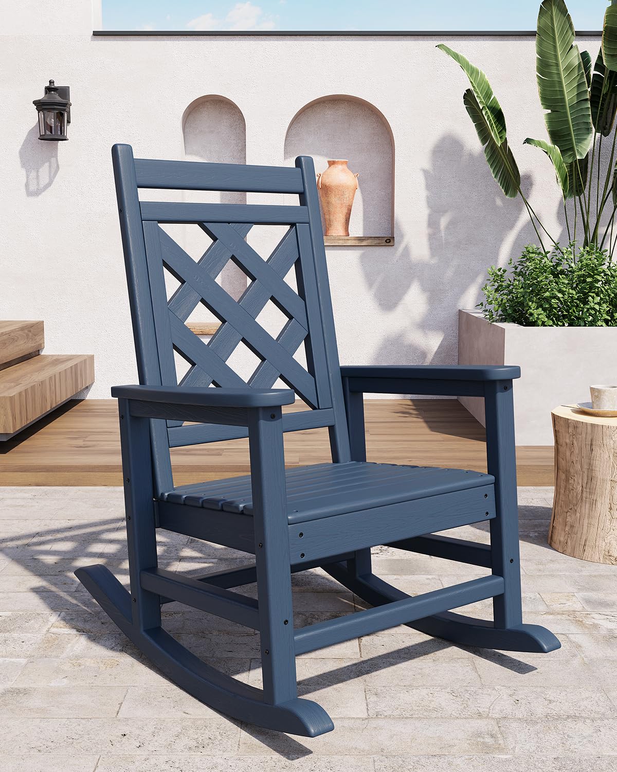GarveeHome Wetterfester Schaukelstuhl Aus HDPE, Outdoor-Loungesessel Mit Karierte Rückenlehne Und Armlehnen, Großer Schaukelstuhl Mit Hoher Rückenlehne, Für Pool Und Terrasse, 61 x 89 x 102 cm