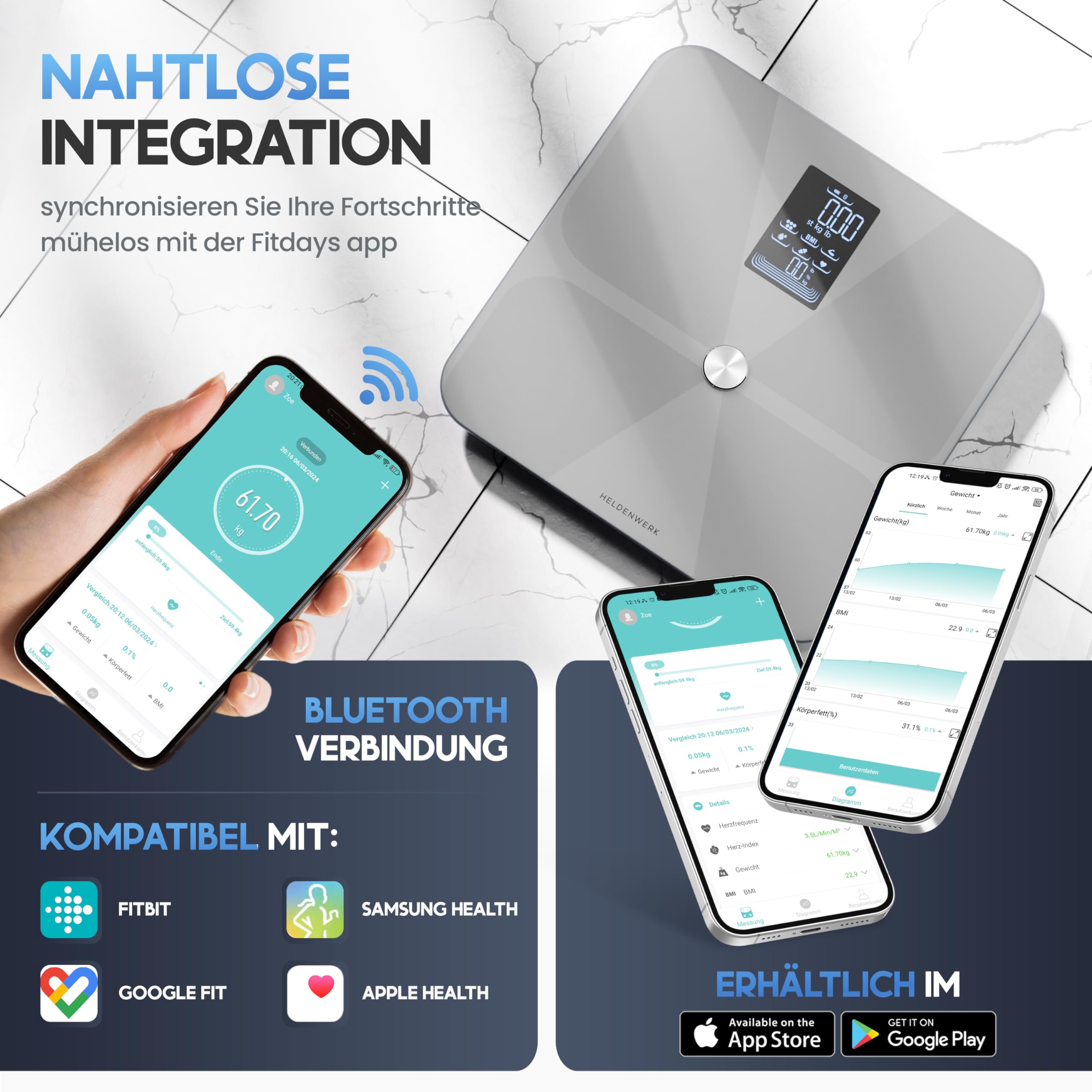 HELDENWERK Báscula de baño para personas con aplicación y sensor de superficie completa, 180 kg/400 libras, báscula de cuerpo digital, Bluetooth para análisis corporal de grasa corporal, IMC, masa