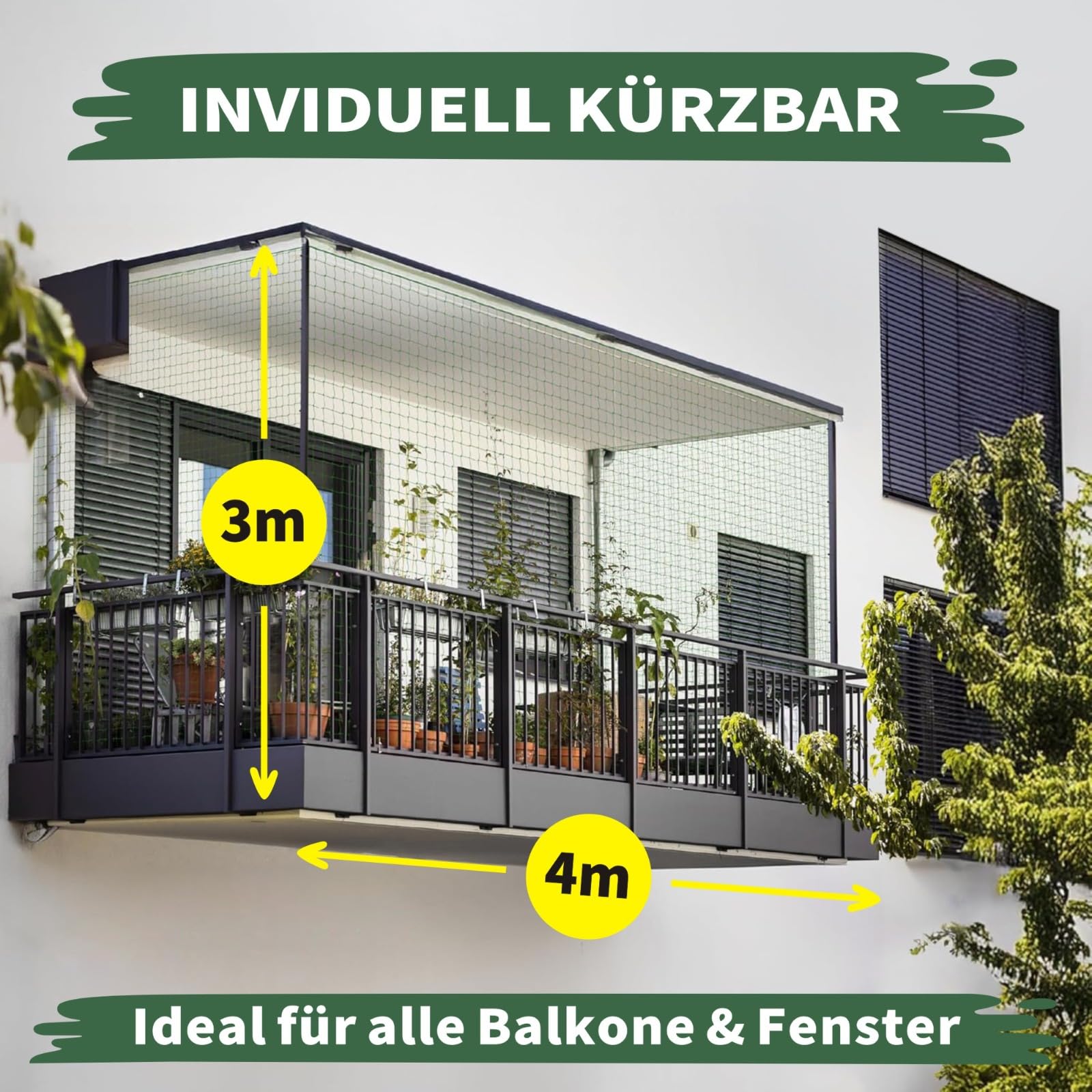 WOOWOOD Katzennetz für Balkon [Ohne Bohren] - Katzennetz Drahtverstärkt - Katzenschutznetz Wetterfest & UV-beständig - Katzengitter Inkl. 20 Kabelbinder & Dübel - Katzennetz Balkon und Fenster (4X3m)