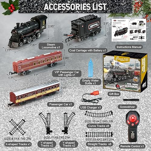 Miniatura 7 de Juego de tren Juguetes de tren a control remoto con pista de lujo e iluminación de pasajeros, juegos de tren de batería recargable con humo,