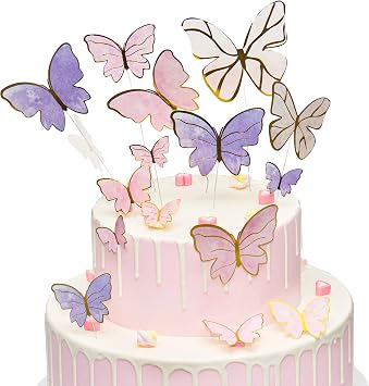 45 Pack Butterfly Cake Toppers Pink Purple Gold Edge Mixed Size Vibrant 3D Butterfly Cupcake Toppers Birthday Wedding Party Cake Wall Party Food Decoration