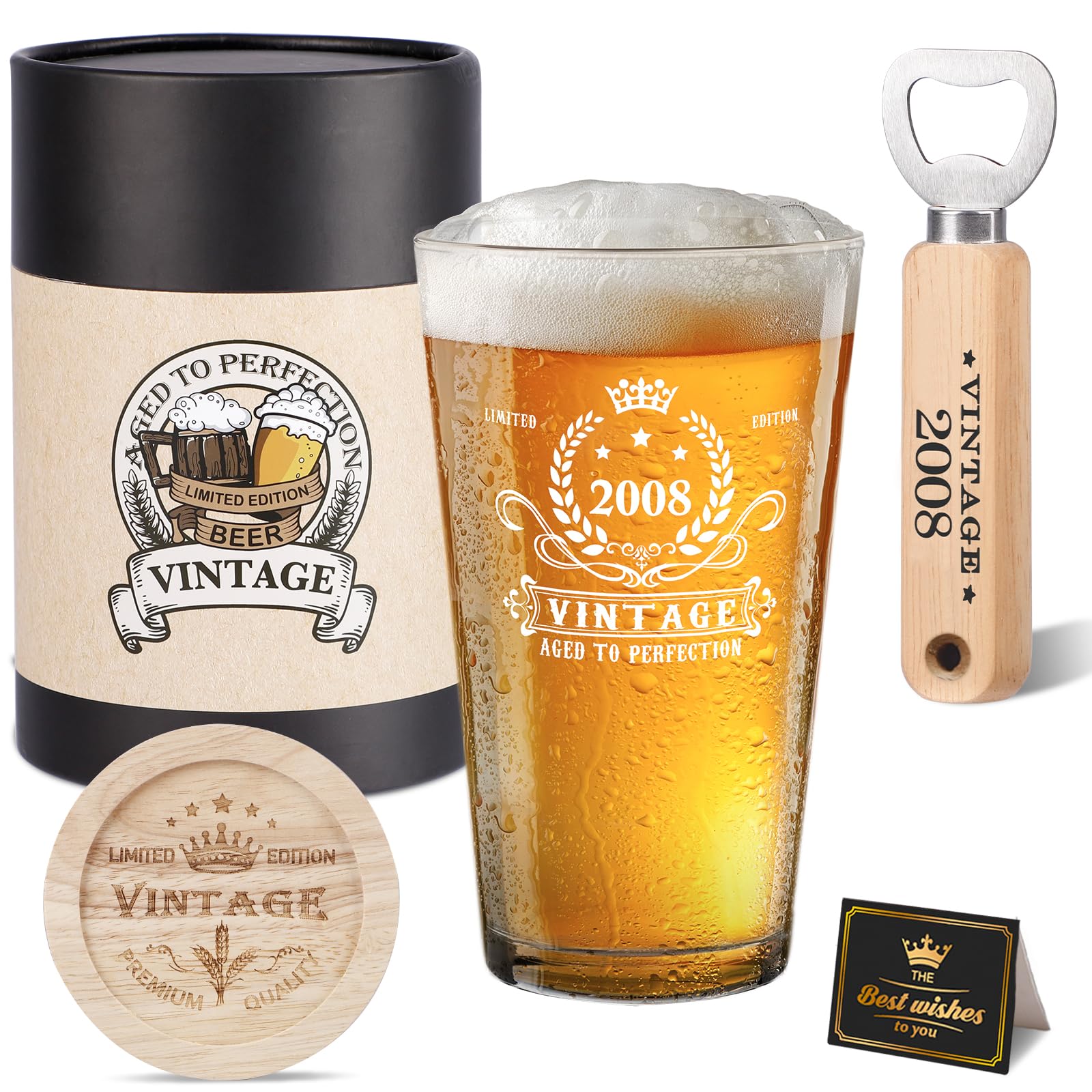 18th Birthday Gifts for Boys, Best 18th birthday decorations for Him Vintage 2008 Beer Glass, Wooden Coaster, Wooden Bottle Opener, Vintage Beer Gift Box,2008 Poster Anniversary Card and Greeting Card
