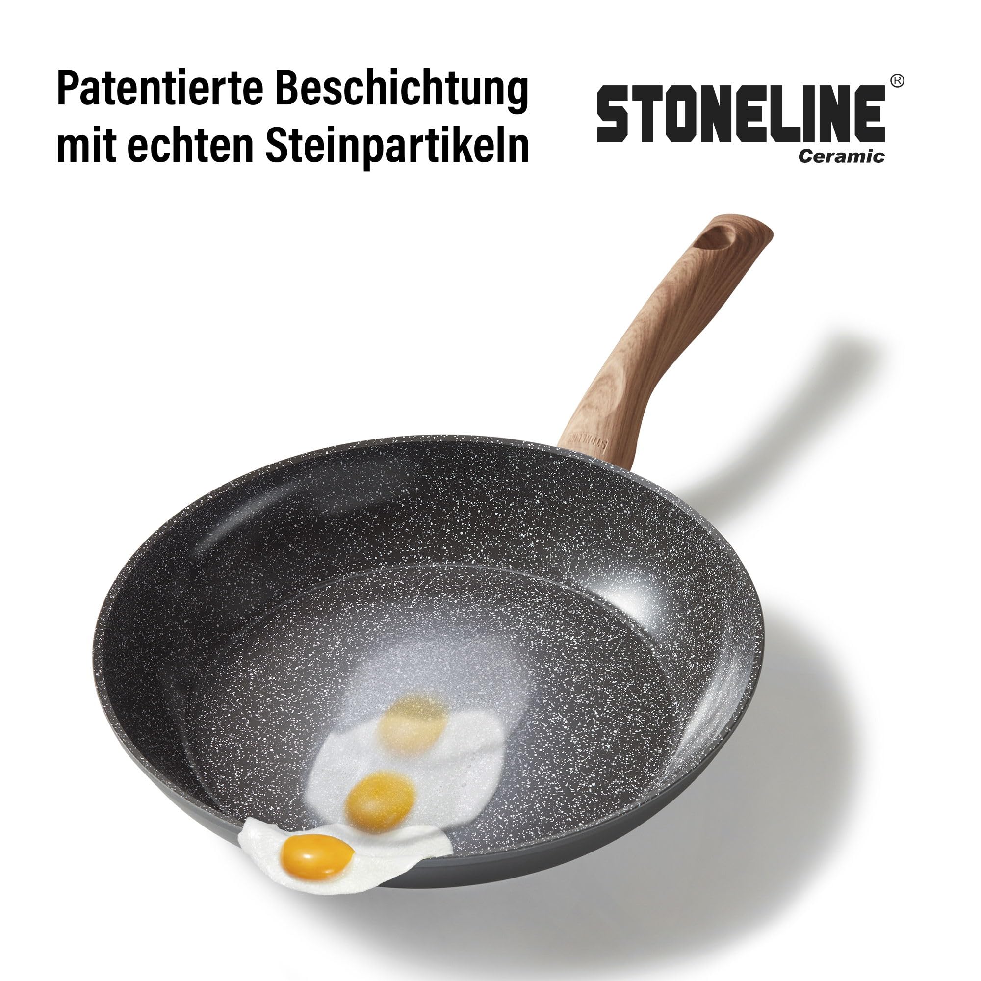 STONELINE Back To Nature Batterie de Cuisine Céramique, Set de 14 pcs, Poêles, Casseroles, Couvercles et Ustensiles de Cuisine, Revêtement Antiadhésif avec de Vraies Particules de Pierre, Motif Bois