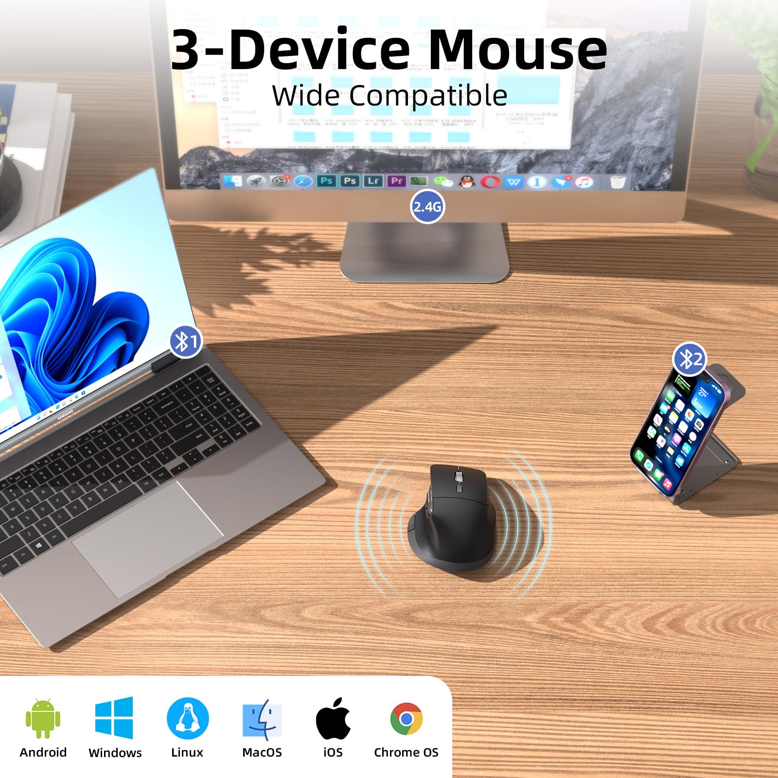 INFINMIND Mouse ergonomico wireless Bluetooth con 6 pulsanti programmabili (Mac/Windows), multi-dispositivo, scorrimento volante e rotella laterale, DPI a 5 livelli, mouse silenziosi ricaricabili per