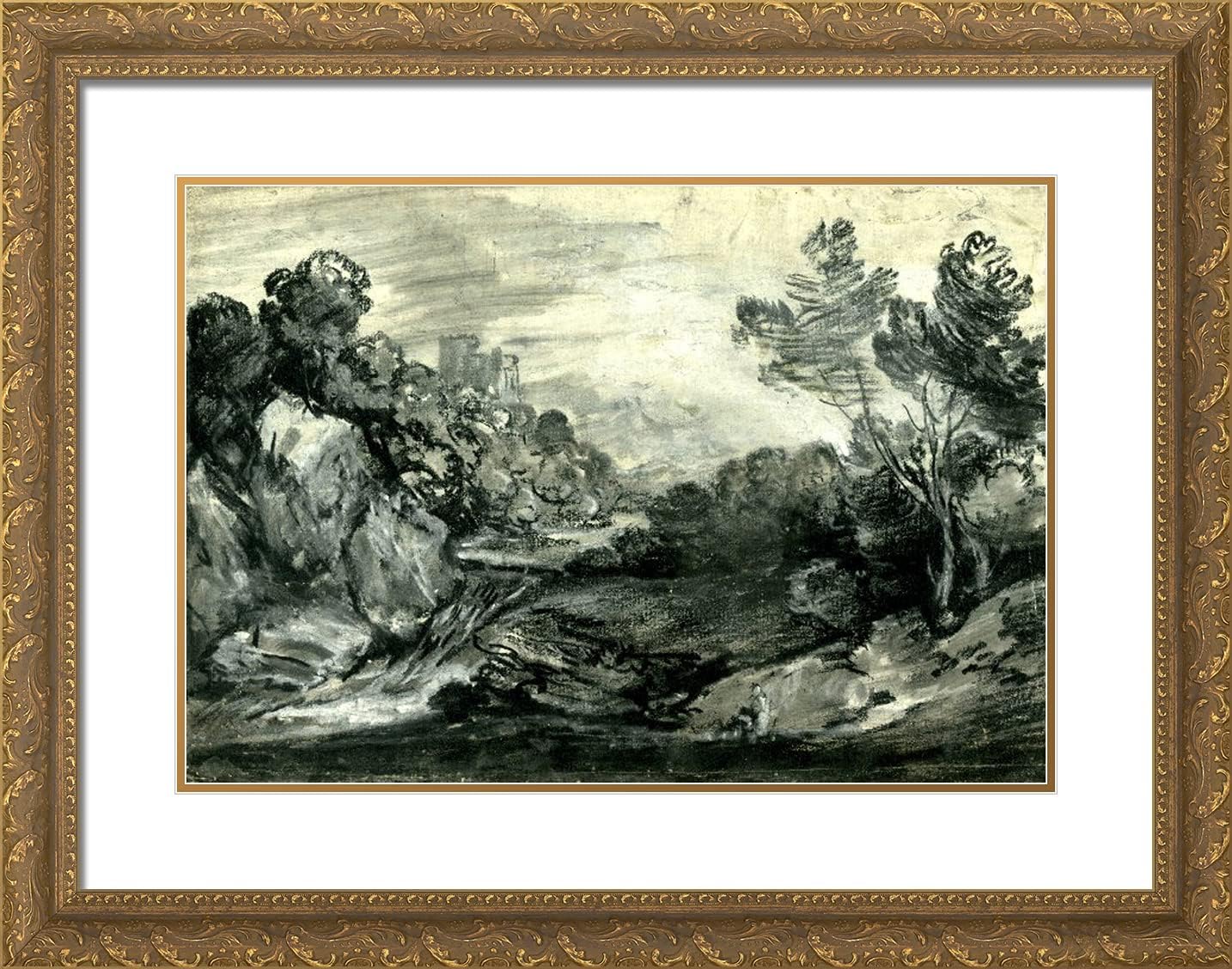 ArtDirect Gainsborough, Thomas 24x19 Gold Ornate Framed Art Print with Double Matting Titled: Rocky Wooded Landscape