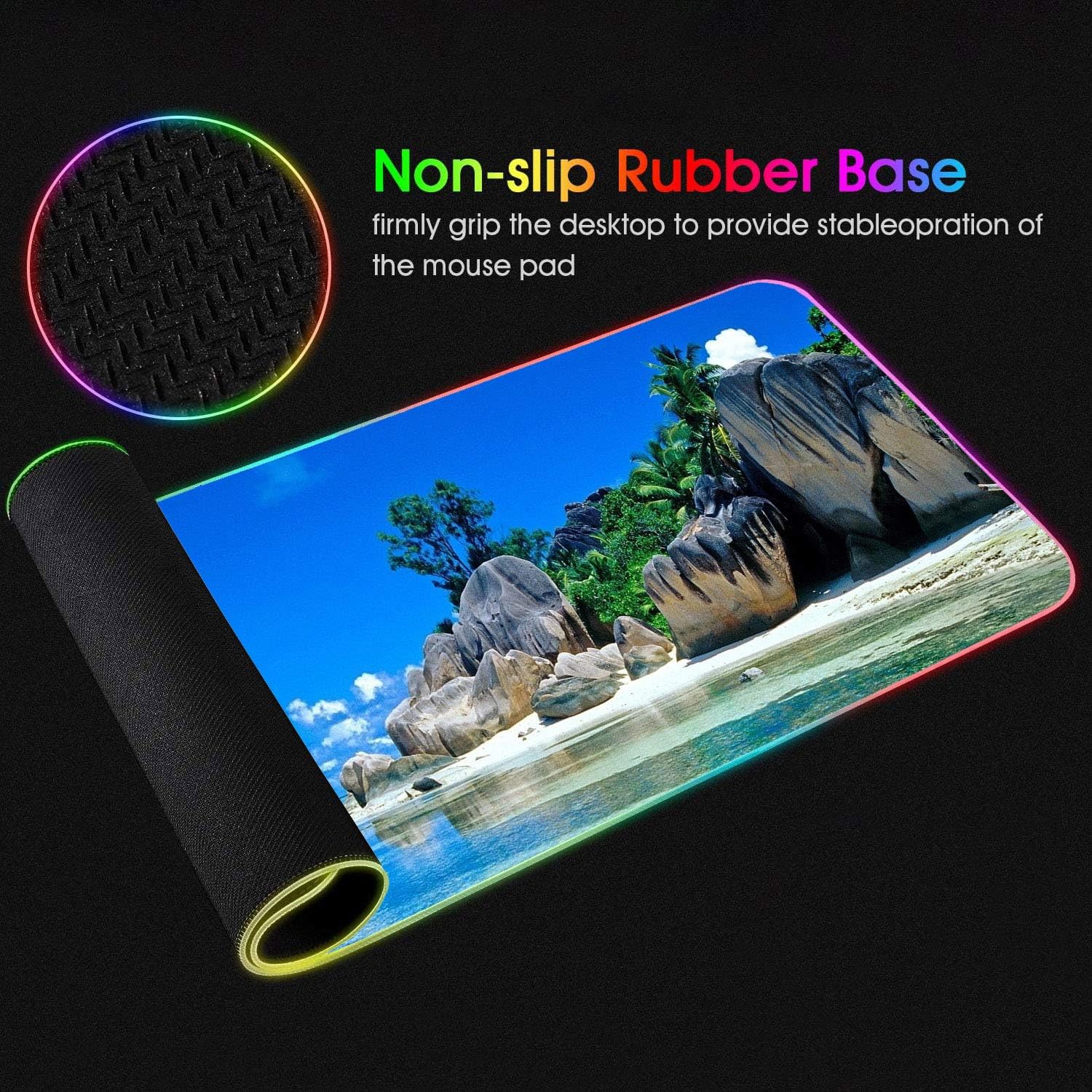 RGB Gaming Mouse Pad with Coffee Coaster, XXL Large Glowing LED Mousepad, Anti-Slip Rubber Base, Computer Keyboard Desk Mouse Mat 31.5 X 11.8 Inch - Beaches Scene France Seychelles