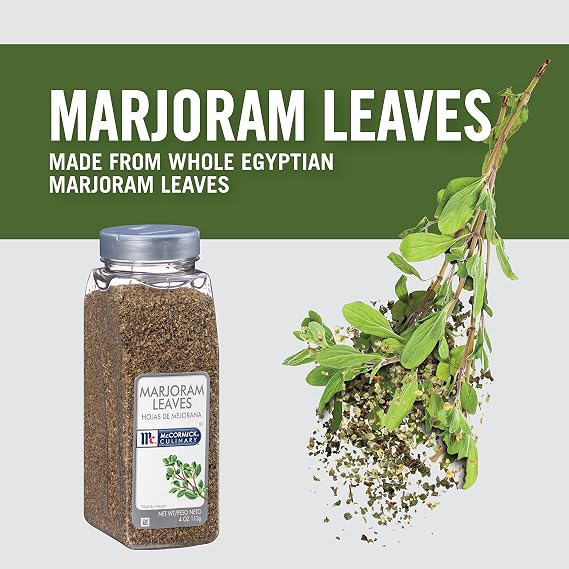 McCormick Culinary Marjoram Leaves, 4 oz - One 4 Ounce Container of Marjoram Spice for a Bitter, Minty Flavor, Ideal in Stews, Salads, Pork and Beef Dishes and Sauces