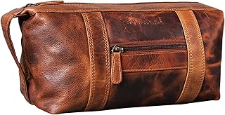 Bruno' Bolsa de Aseo Hombre Piel Vintage Neceser Grande con Asa Bolso Organizador para Baño Viajes de Cuero, Color:Kara - Cognac