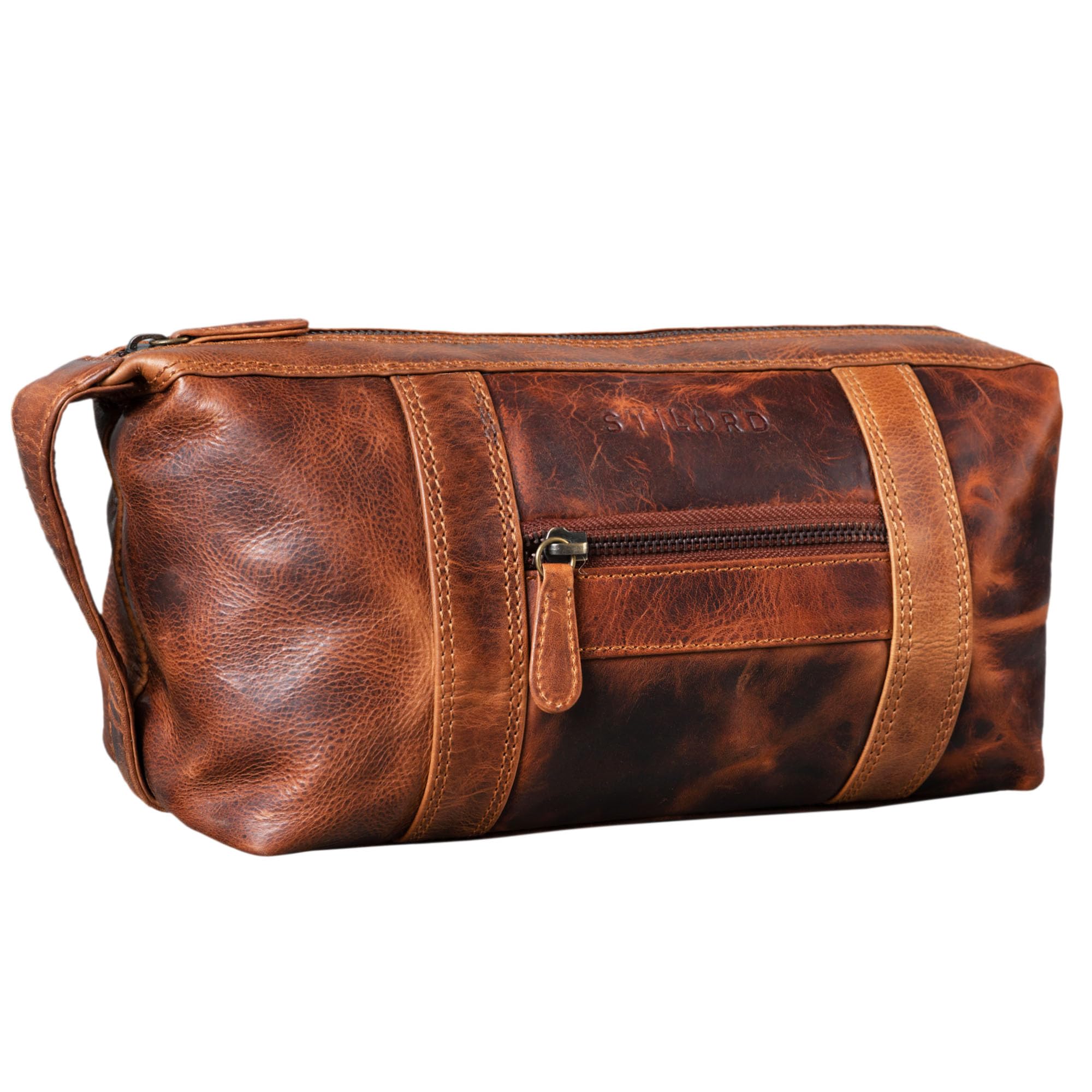 STILORD Bruno Bolsa de Aseo Hombre Piel Vintage Neceser Grande con Asa Bolso Organizador para Baño Viajes de Cuero Color:Kara - Cognac