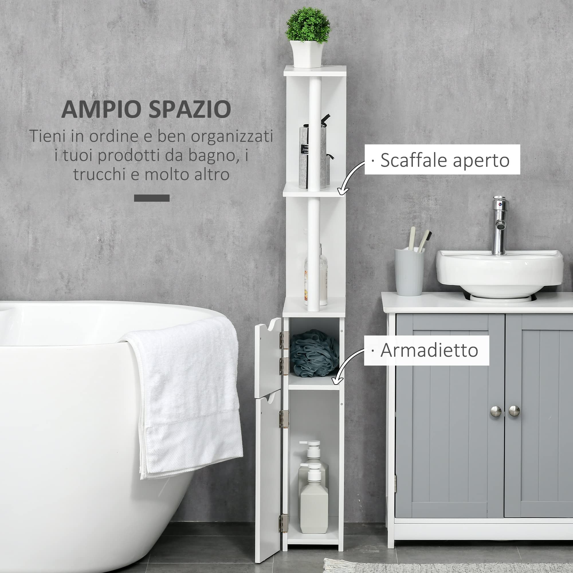 kleankin Mobiletto Bagno Salvaspazio a Colonna con 2 Ripiani e 2 Armadietti, Colonna Bagno in Legno per Salotto, Soggiorno, 15.2x29.8x118 cm, Bianco