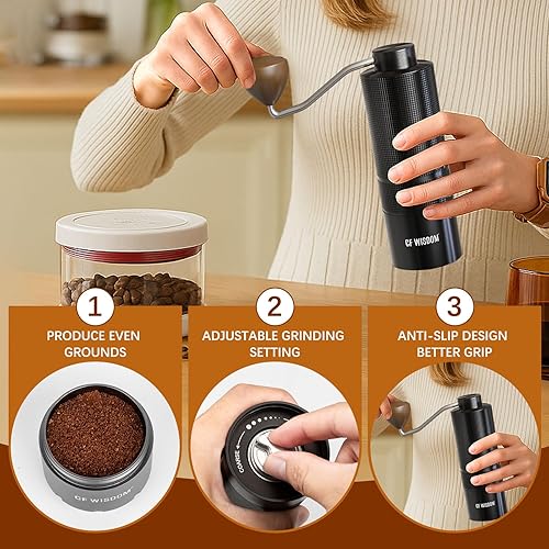 Miniatura 7 de Molinillo manual de café expreso – Fresas cónicas de acero inoxidable CNC, rodamientos duales, molinillo manual ajustable de precisión, molinillo