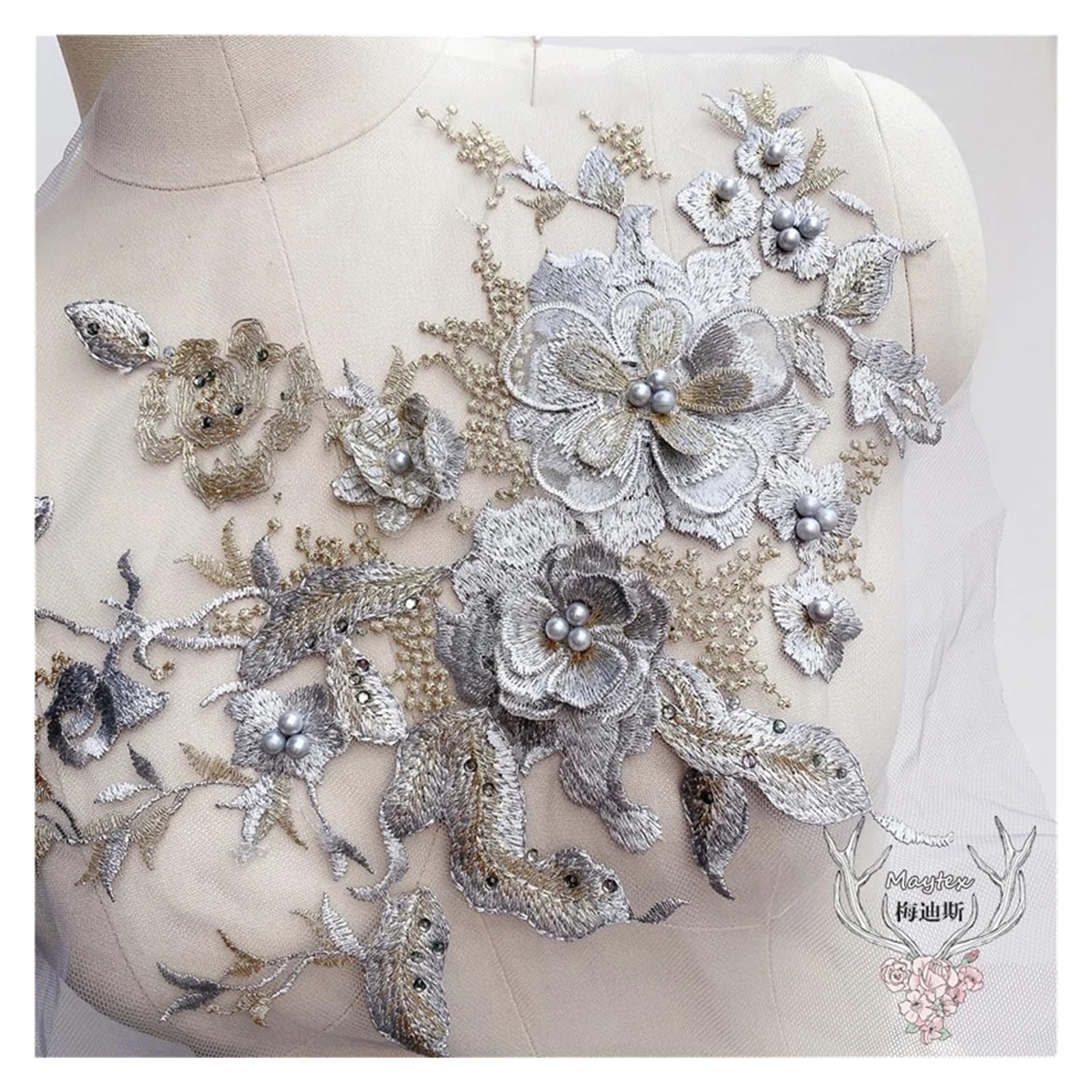 Applique de dentelle 3D brodée argentée pour réparation et customisation