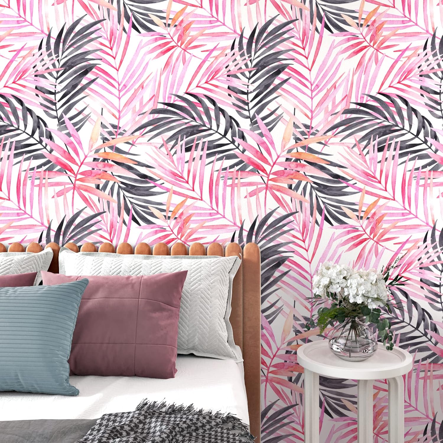 315"x17.5" Pink/Black Leaf Peel and Stick Wallpaper Boho Pink Palm Leaf Contact Paper Tropical Wallpaper for Living Room Bathroom Waterproof Removable Temporary Wall Paper for Renters Cabinets