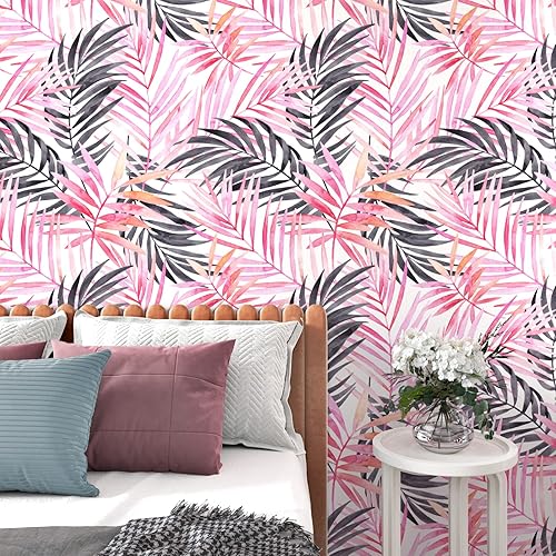 Miniatura 6 de Papel tapiz de 315 x 17.5 pulgadas, color rosa y negro, papel de contacto bohemio rosa y negro, papel tapiz floral de hoja de palmera para sala de