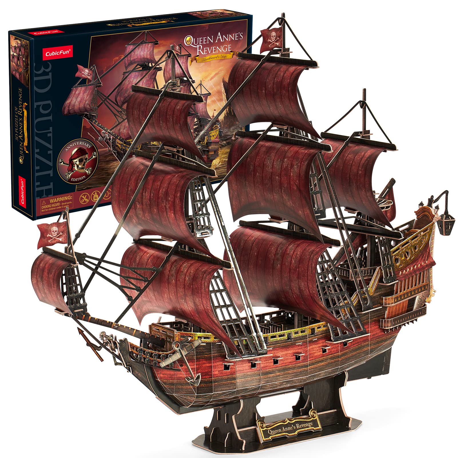CubicFun Puzzle 3D LED – Maqueta Del Barco Venganza De La Reina Ana, 293 Piezas, Casco Abrible, Luces Cálidas Y Detalles Interiores, Para Adultos Y Niños +14 Años