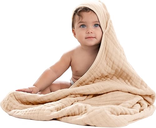 Comfy Cubs Hooded Baby Towel 1-Pack, Large 32 x 32 Inch - 6 Layer 100% Muslin Cotton for Babies, Toddlers and Kids - Soft & Absorbent Baby Bath Towels - Unisex Design for Bath Time - Cream