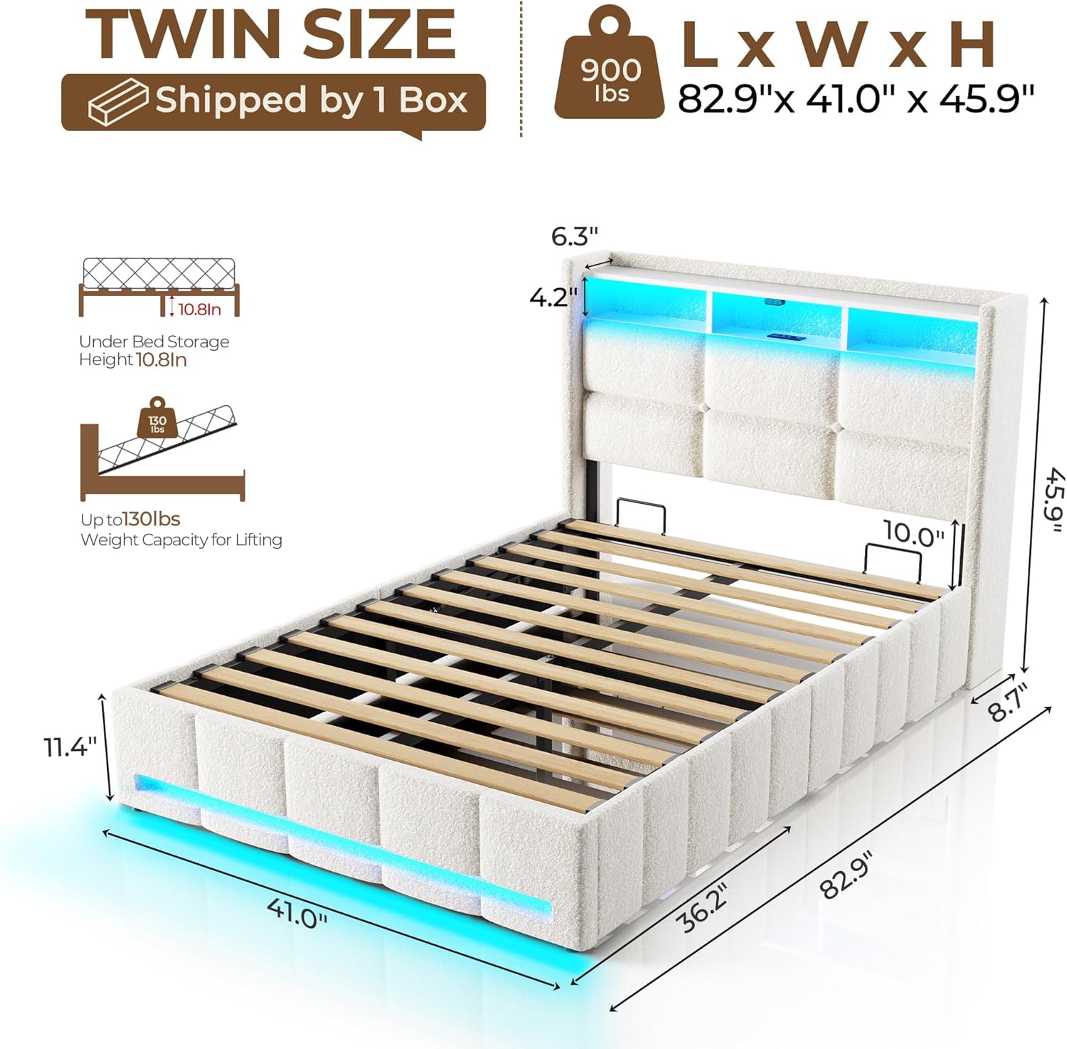 (incomplete)rolanstar bed frame twin size with lift up storage, charging station & led lights, upholstered storage headboard, heavy duty wooden slats, no box spring needed, noise free, easy assembly, beige beige twin