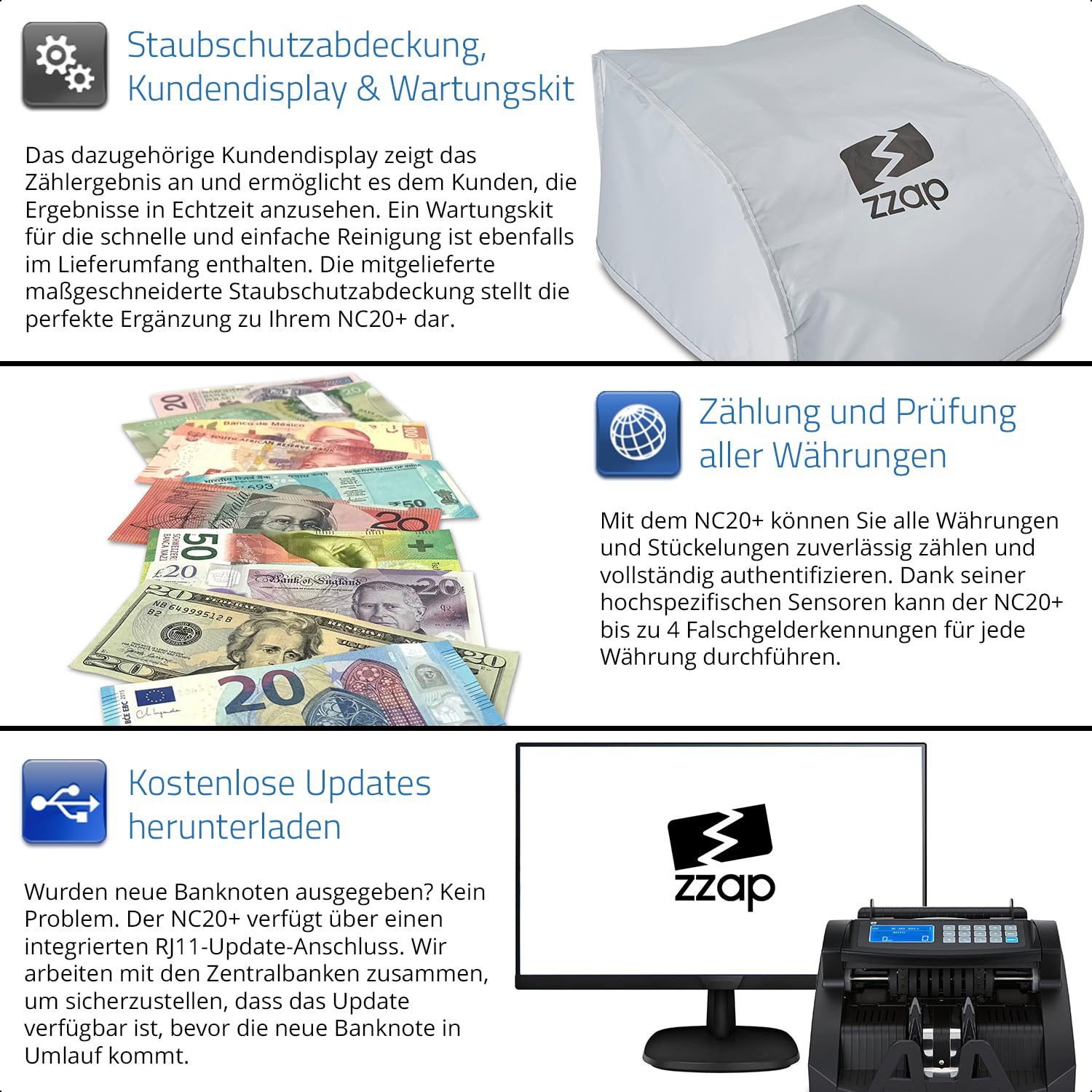 ZZap NC20+ Banknotenzähler & Falschgeld-Detektor - Banknotenzählmaschine Geldzählmaschine Geldzähler