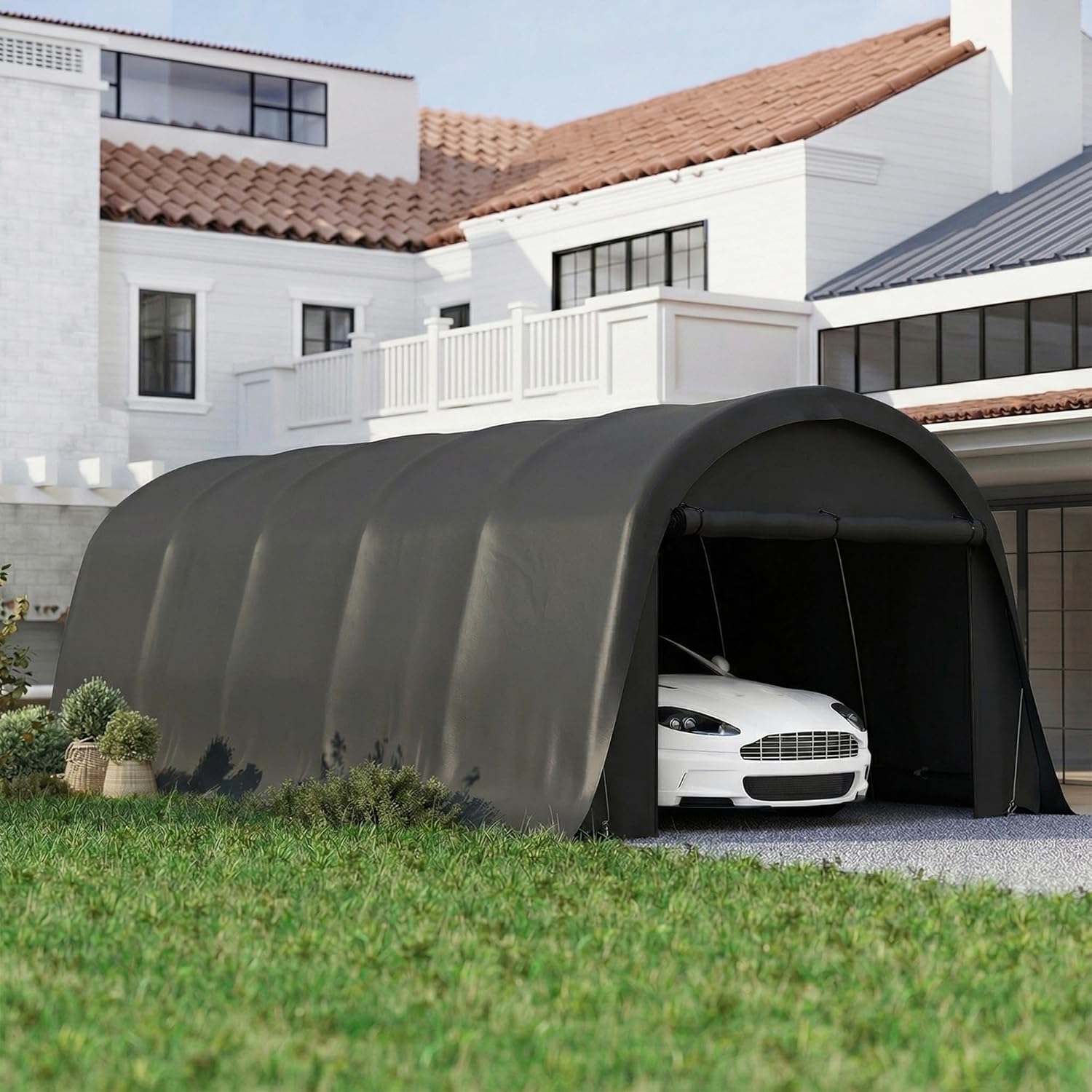 Outsunny 12' x 23.6' Heavy Duty Carport, Portable Garage Car Canopy Tent with UPF50+ Sun Protection, Galvanized Frame, Large Roll-Up Door for Cars, Trucks, Boats, Motorcycle, Bike, Dark Gray