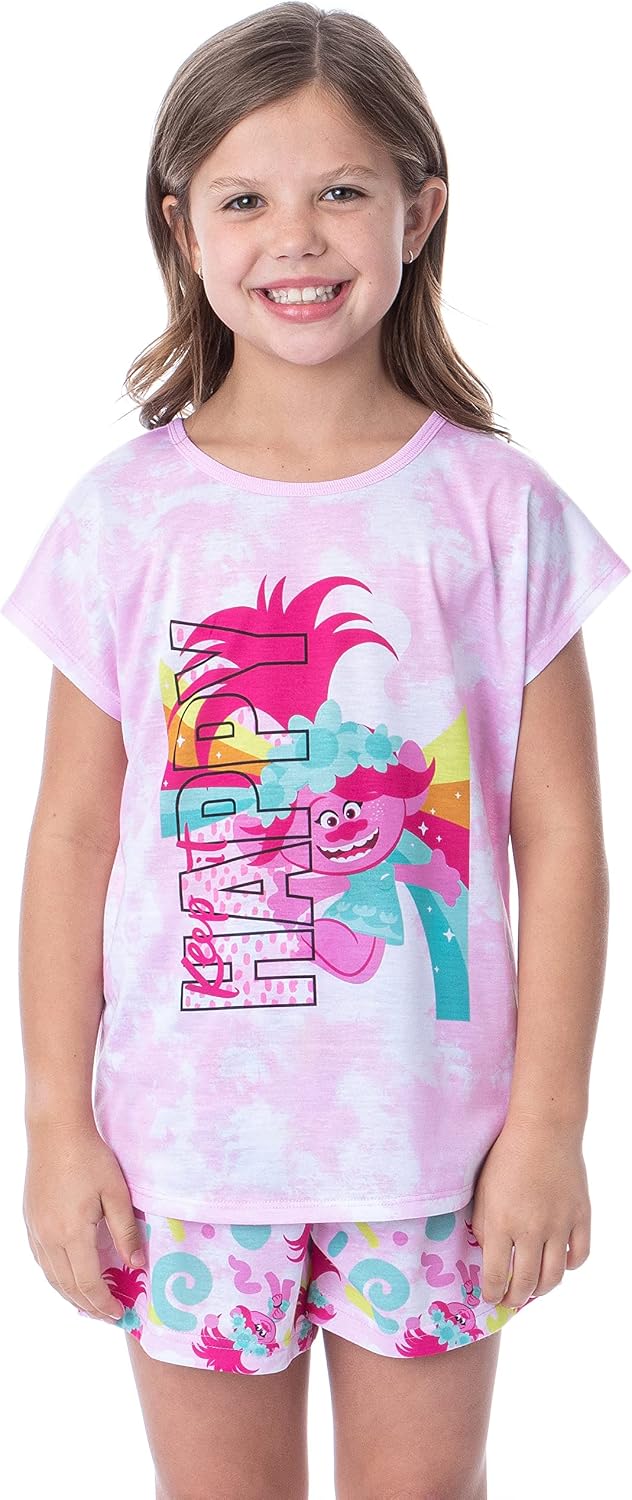 INTIMO Trolls Princess Poppy Keep It Happy Girls Pajamas Shorts and Shirt 2 Piece Set Sleepwear Loungewear