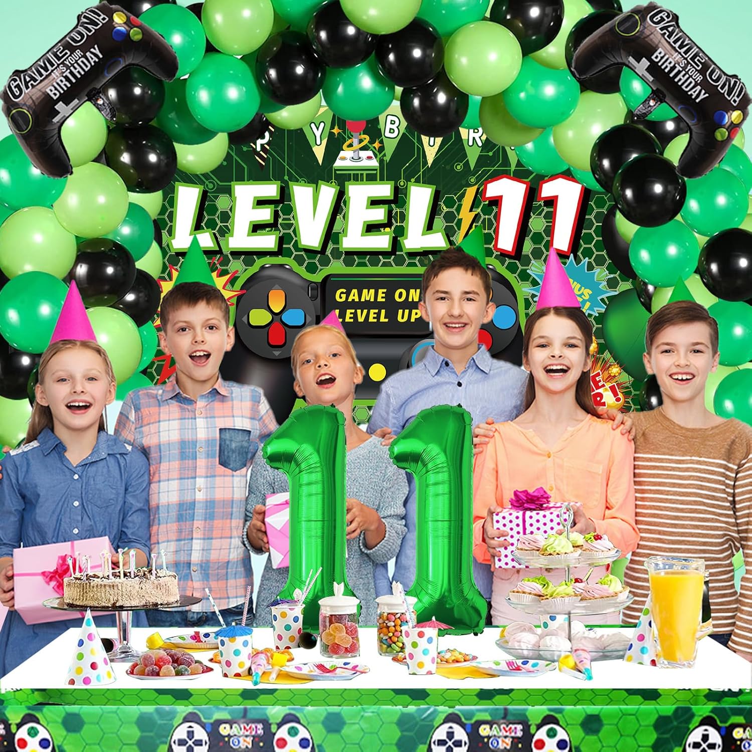 Vlipoeasn 90PCS Video Game Party Decorations for Boys Set - Green 11th Birthday Supplies - Video Game Backdrop, Balloons, Tablecloth, Gamer and 9 Foil Balloons
