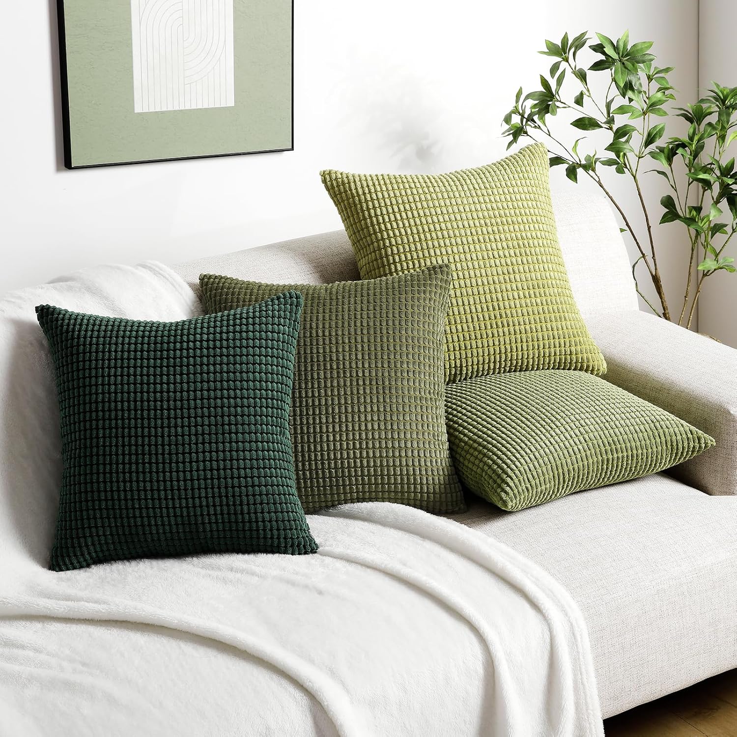 Softalker Throw Pillow Covers 20x20 Inch, Set of 4, Soft Corduroy Boho Stripe Decorative Pillow Cover, Couch Fluffy Pillow Cover for Farmhouse Home Decor Bed Living Room, Green