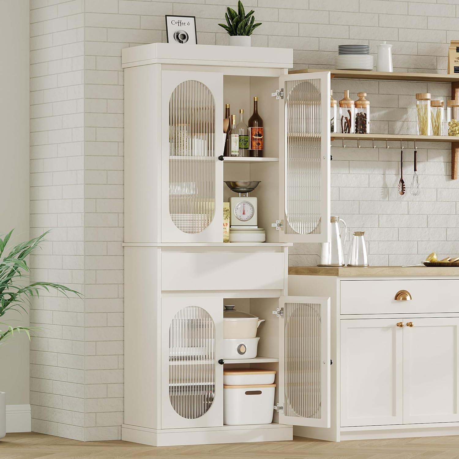 GarveeHome Kitchen Pantry Cabinet, Tall Storage Cabinet with Glass Doors and Adjustable Shelves, Freestanding Cupboard with Drawer for Bathroom, Dining Room, Living Room, White